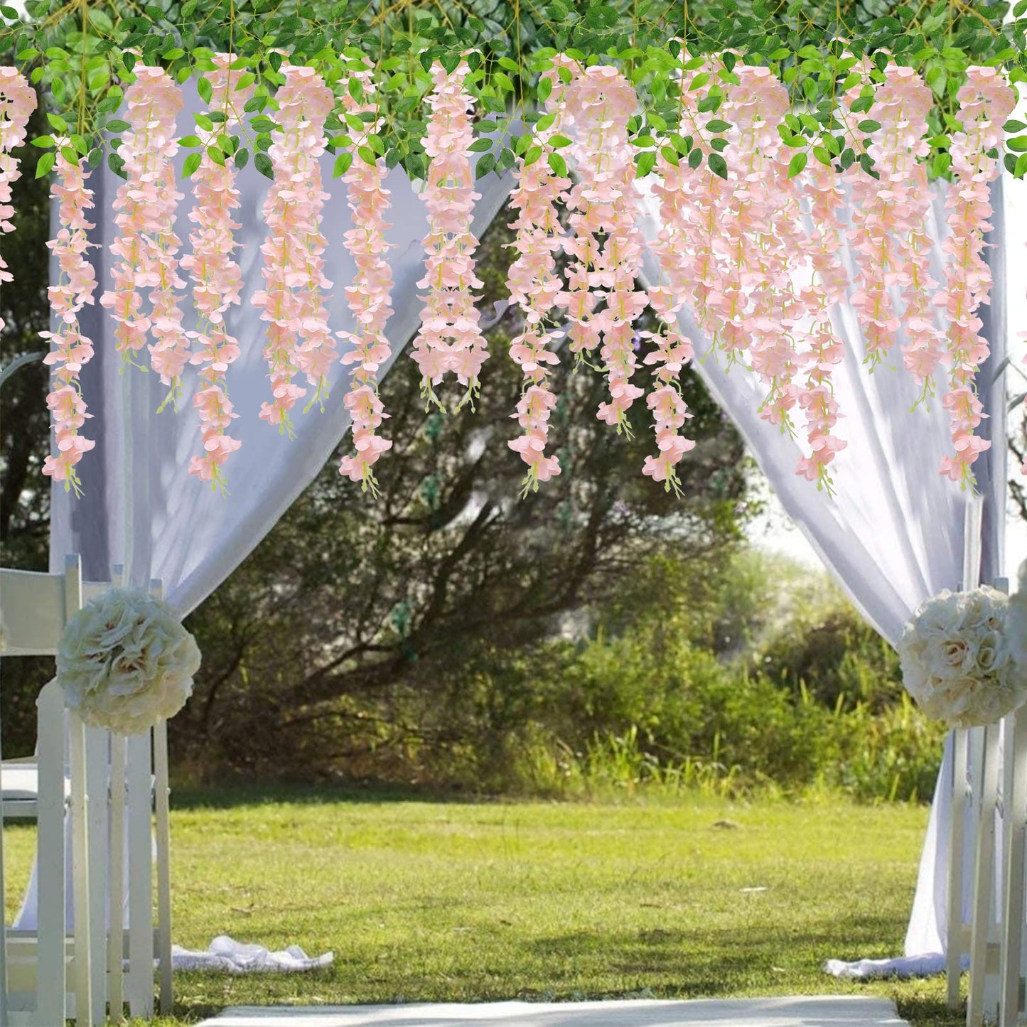U'Artlines 24 Pack(Total 43.2 Feet) Artificial Fake Wisteria Vine Rattan Hanging Garland Silk Flowers String Home Party Wedding Decor (24, Light Pink)