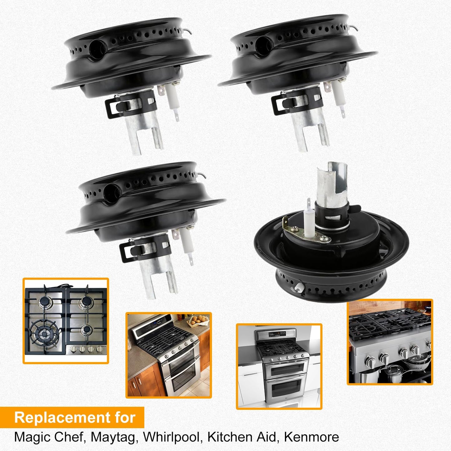 3412D024-09 Gas Range Sealed Burner Head with Igniter, Replace 12500050 3412D018-09 74003963, Replacement for Magic Chef, Maytag, Whirlpool, Kitchen Aid, Kenmore (Pack of 4)