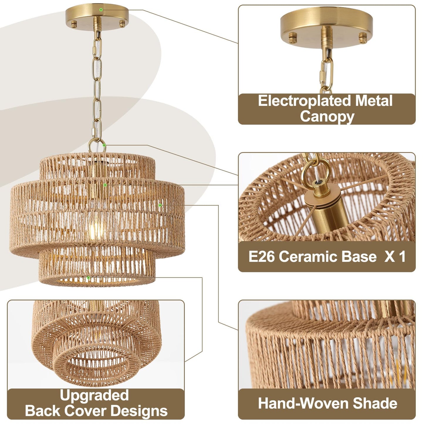 Giutna 12.4" Boho Rattan Farmhouse Chandeliers for Dining Room, Rattan Hand-Woven Rustic Drum Chandelier Pendant Light Fixture for Kitchen Island Bedroom Living Room Entryway Foyer