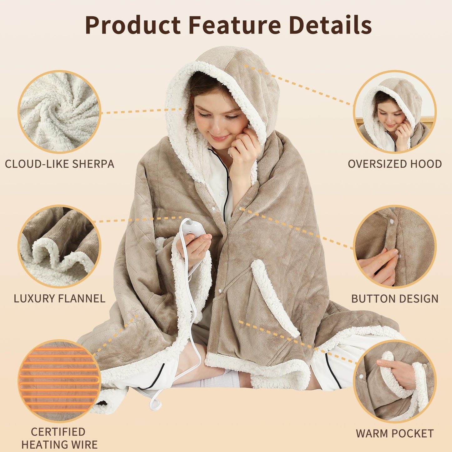 ESTINGO Wearable Heated Blanket Electric Throw, Heated Shawl with 6 Heating Levels and 1-4 Hours Auto Off, Heated Hoodie Women for Mom Women Seniors Grandma 50"×64" Light Beige