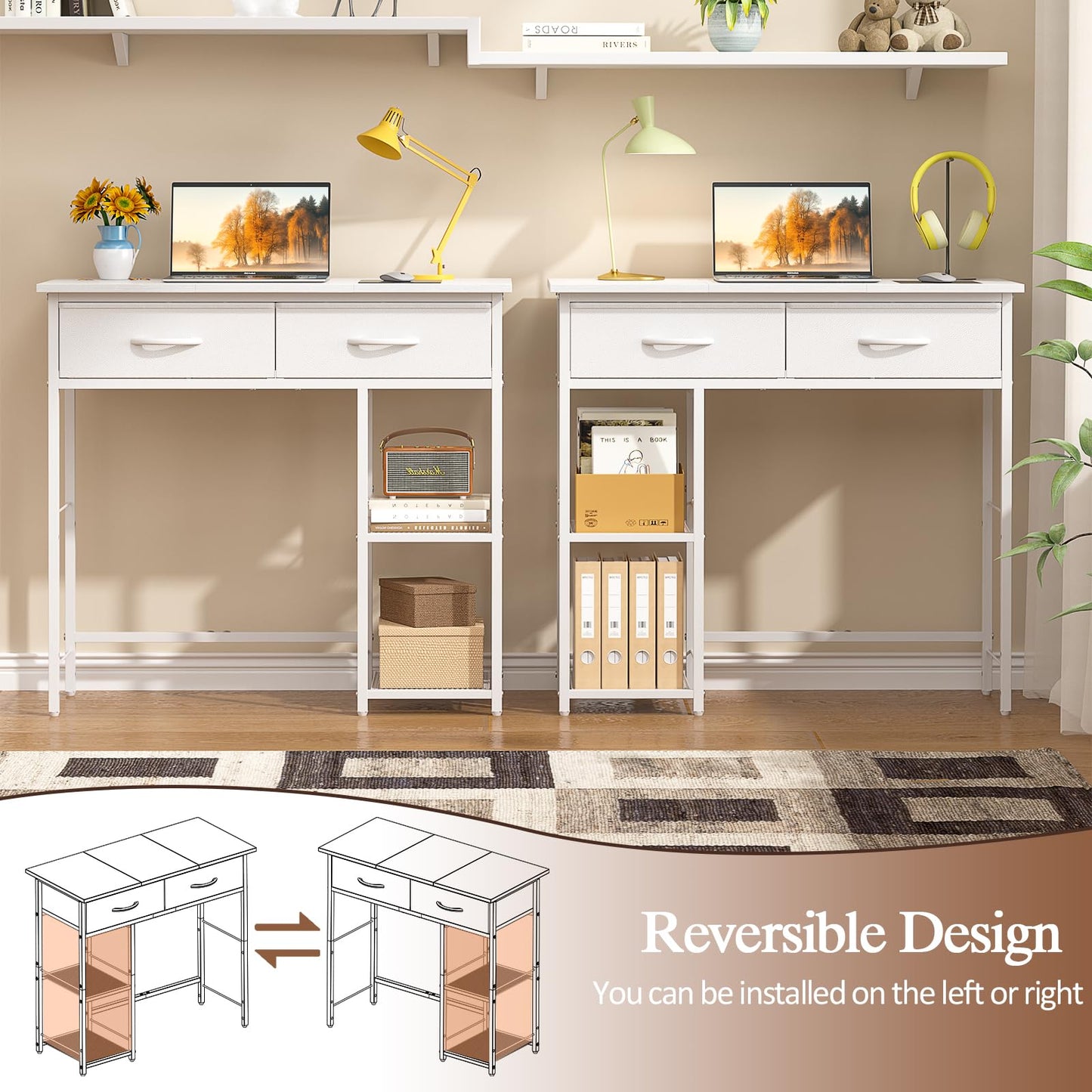 ThreeHio Small Writing Desk with 2 Drawers, White Computer Desk with Storage Shelf, Home Kids Study Table for Small Spaces, Simple Desk for Bedroom, Home Office, Living Room, Dorm, Vanity Desk, White