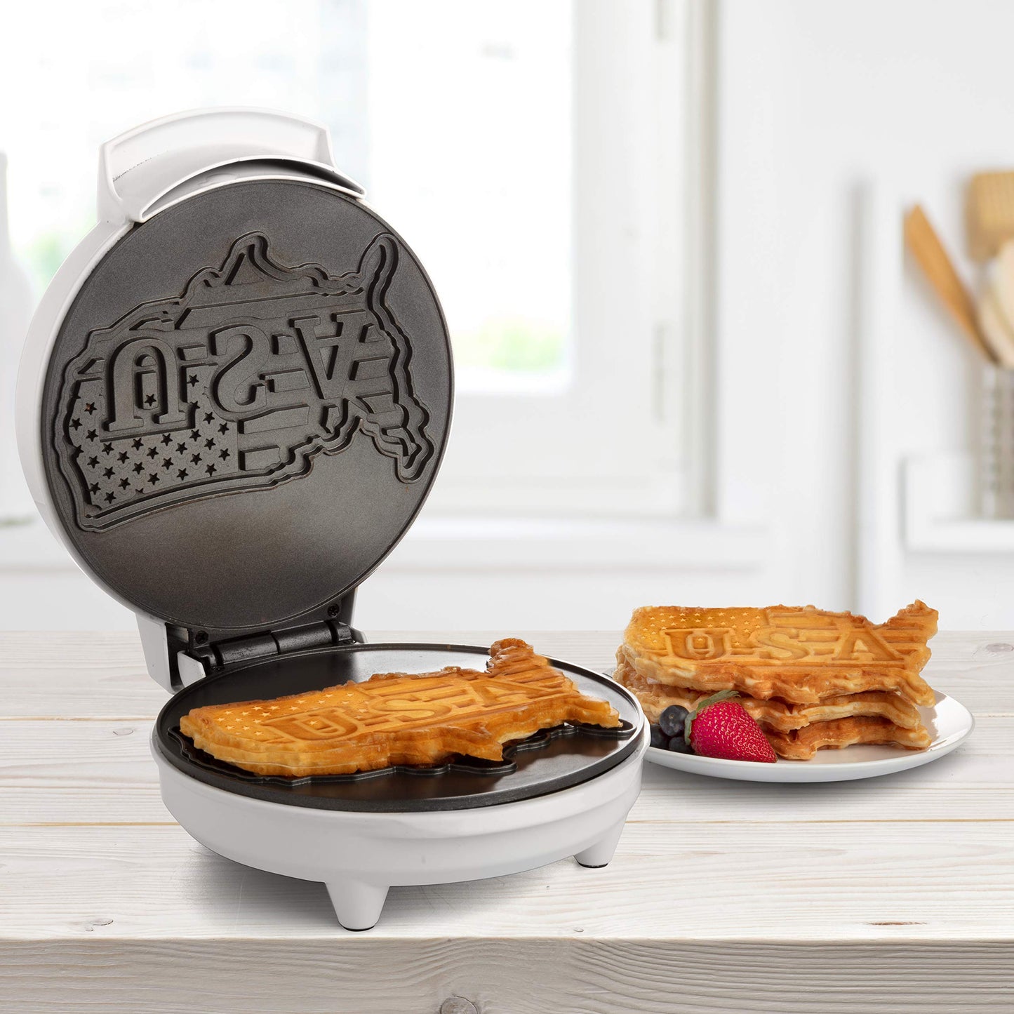 Great American USA Waffle Maker- 4th of July Must Have- Giant 7.5" Patriotic Waffles Pancakes- Electric Nonstick Waffler Iron- America Spirit Party, Summer Breakfast Baker w Recipes- Dad Novelty Gift
