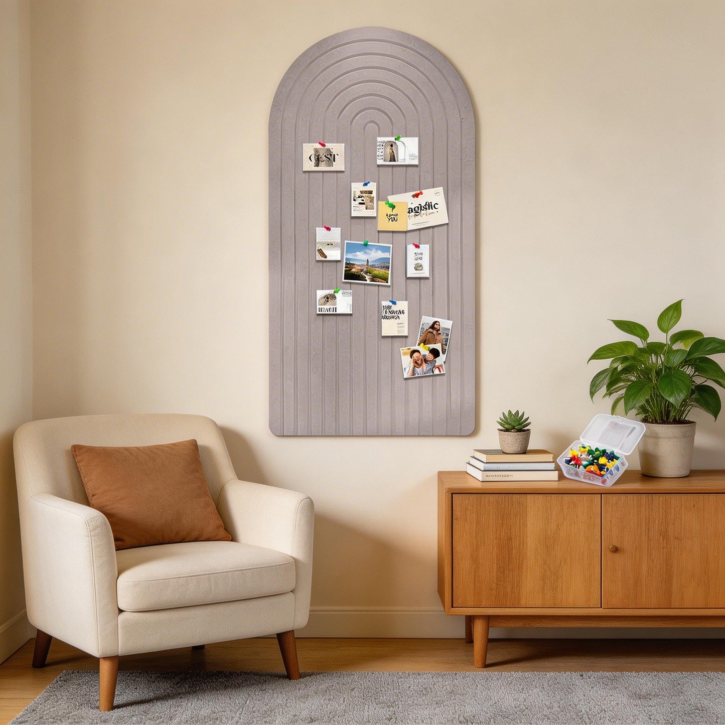 Large Felt Notice Board 47"x24" Arch-Shaped Push Pin Board with 35 Pushpins Cork Board Alternative Self-Adhesive Photo Panels for Office, Bedroom, Living Room, Photo Decorative Board