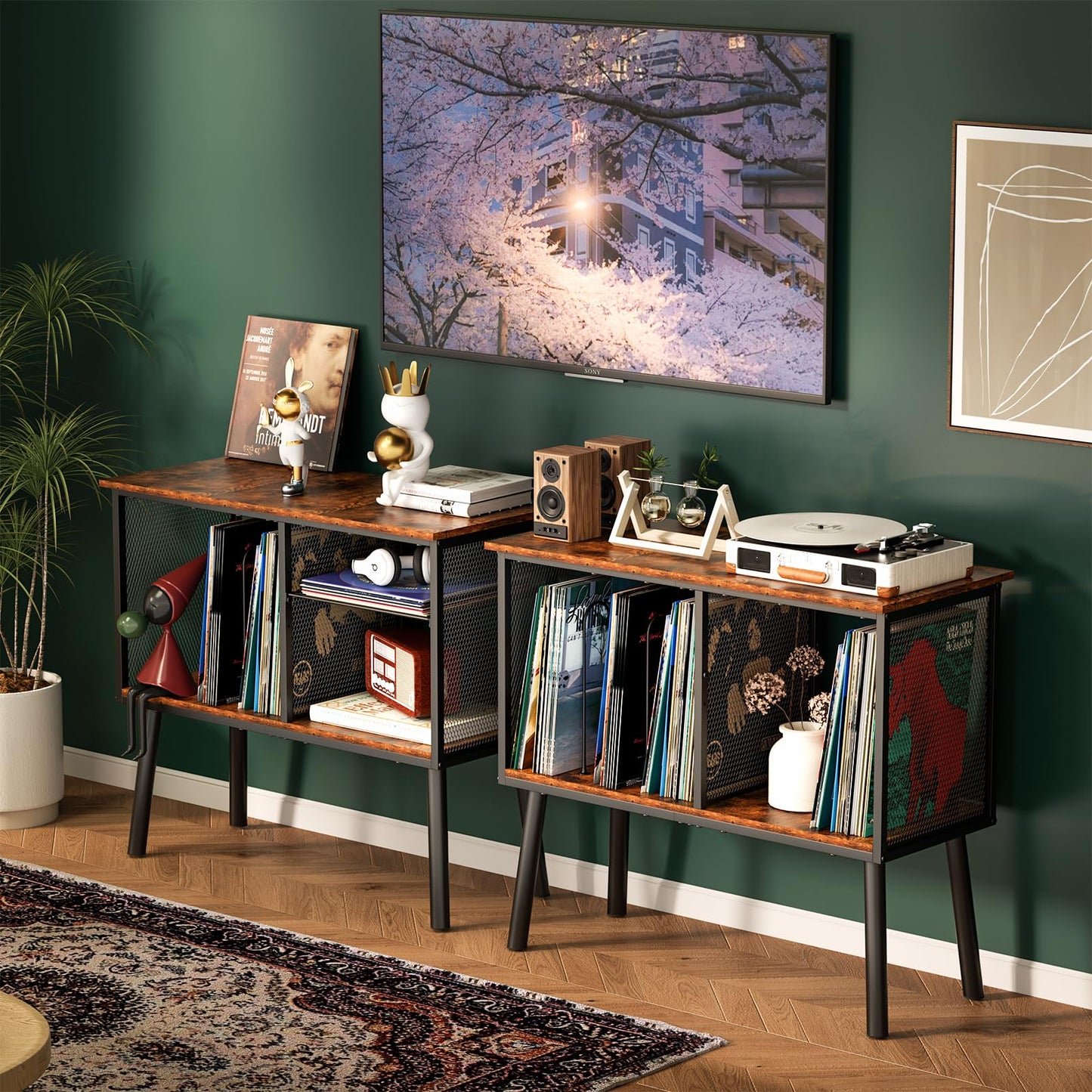 Record Player Stand with Adjustable Divider Vinyl Storage Holder Up to 200 Albums Mid-Century Large Record Player Table Vinyl Holder Turntable Stand End Table for Bedroom & Living Room, Patent Pending