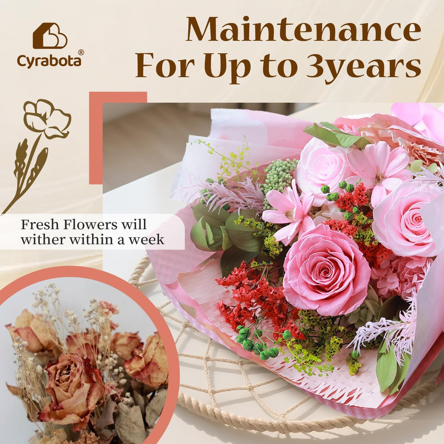 Cyrabota Preserved Roses Bouquet with Vase - Pink Real Eternal Roses that Last 1-3 Years - Forever Flowers Valentines Day Gifts for Her, Home Decor Centerpiece