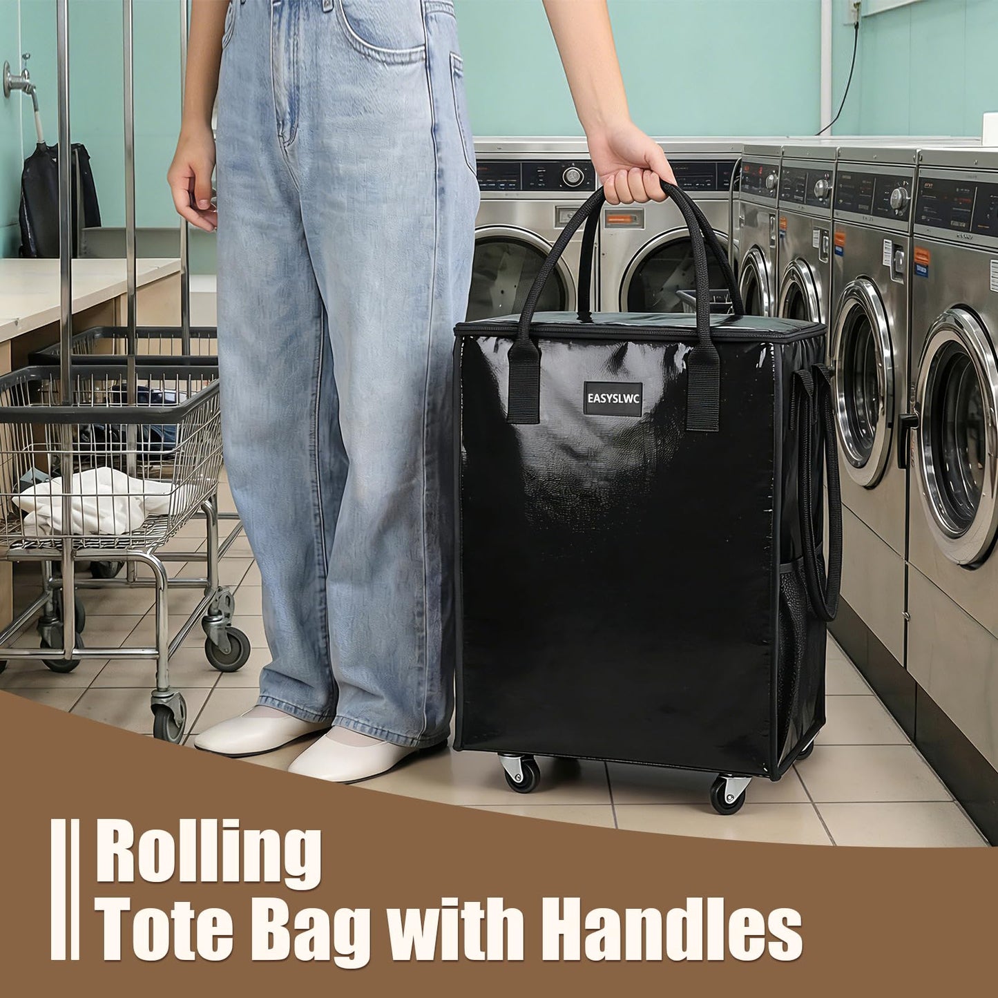 Reusable Hauler Rolling Tote Bag, Collapsible Portable Shopping Cart with Wheels for Groceries, Apartments Laundry, Organization , Heavy Duty Utility Tote, Basket with Wheels, Travel and Moving, 75lbs