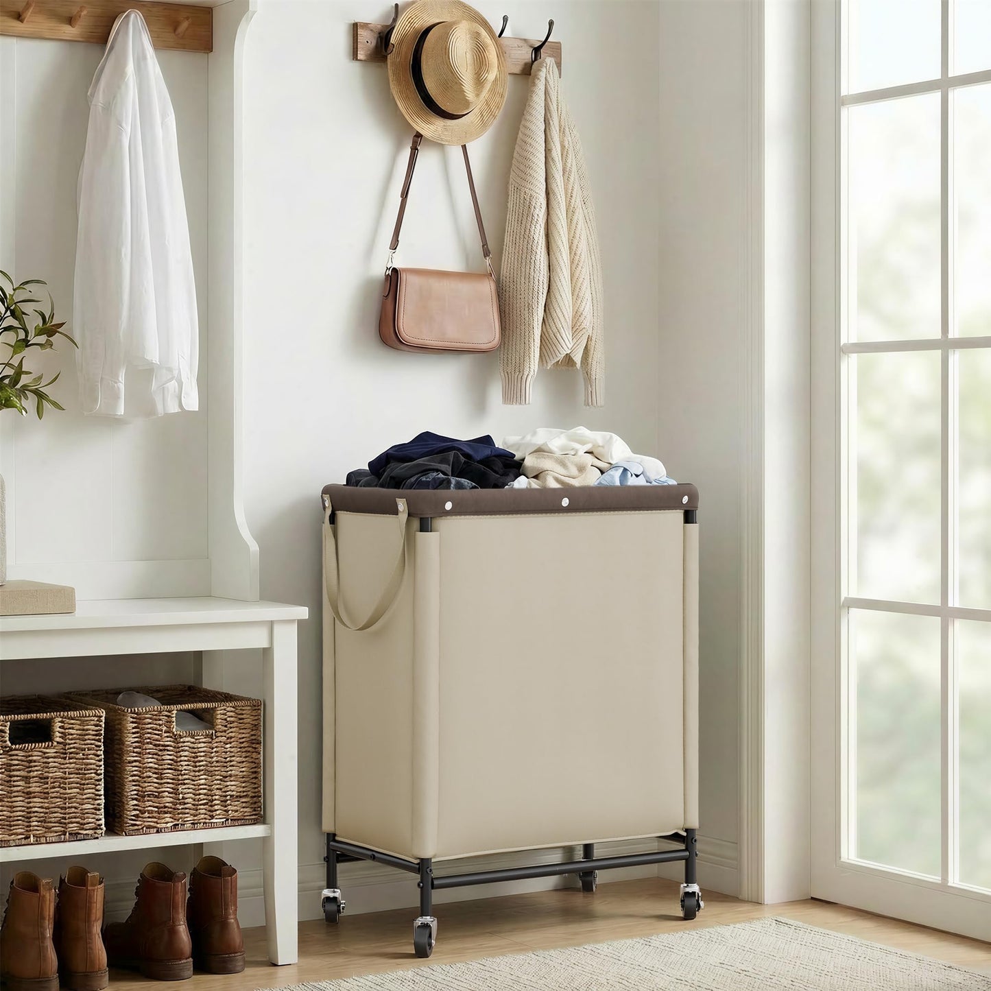 StorageWorks Laundry Hamper 2 Section, 100L Rolling Laundry Sorter Cart with Removable and Washable Liner Bag, Clothes Hamper with Wheels and Handle for Laundry Room and Bedroom, Light Khaki