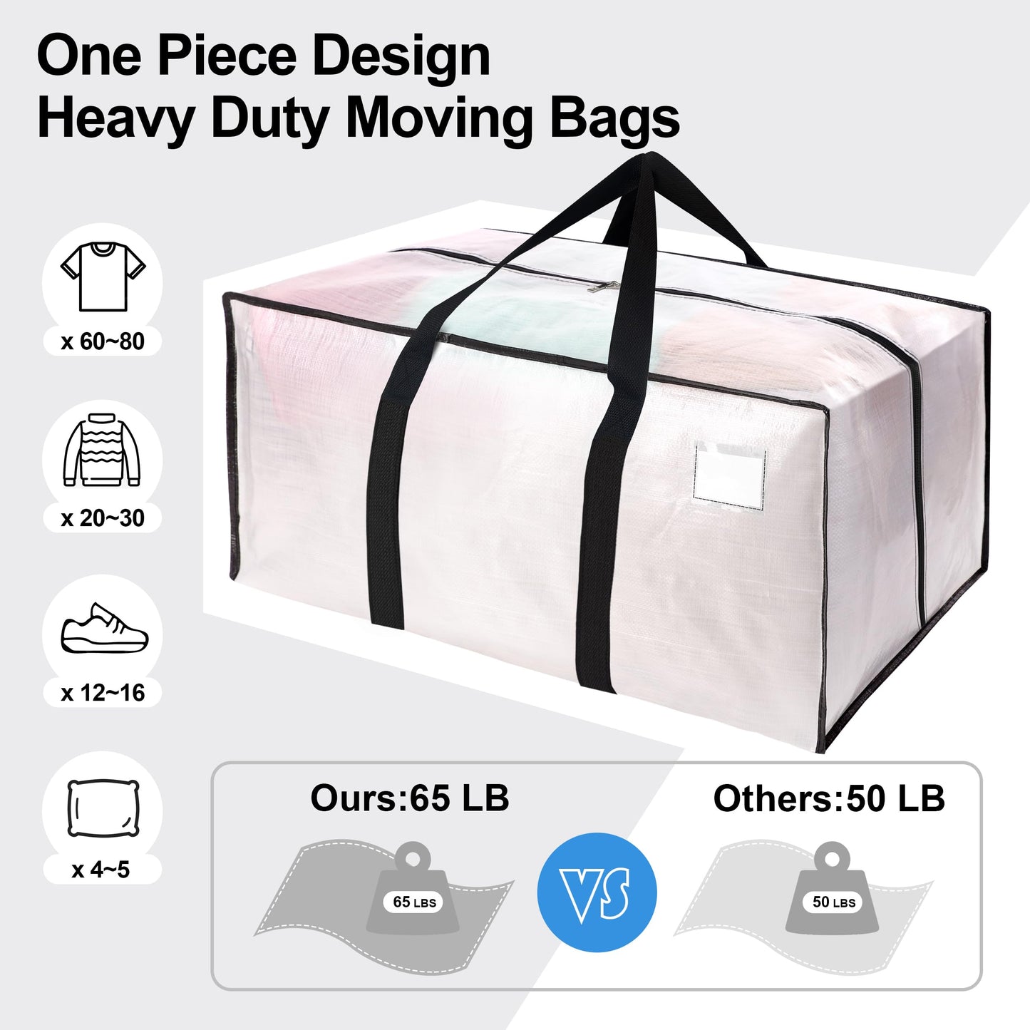 VELVETSURE 12 Pack Heavy Duty Large Moving Bags W/Backpack Straps - Strong Handles & Zippers, Storage Totes For Space Saving, Fold Flat, Alternative to Moving Box and Storage Bin, Semi-Transparent