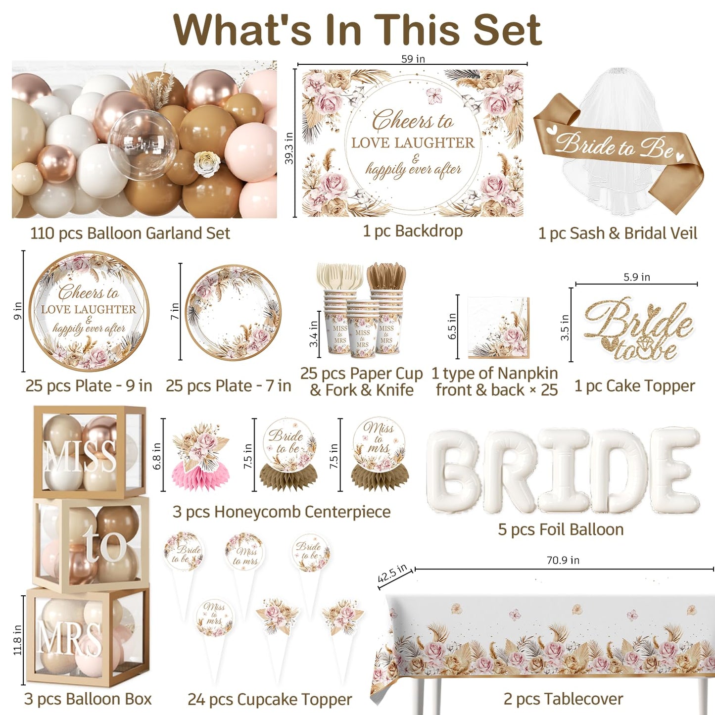 cocomigo 301pcs Boho Bridal Shower Decorations Complete Party Set, Serves 25 Guests, Boho Wedding Engagement Theme Bridal Shower Decorations, includes Balloon Arch Box Tableware Veil Shoulder Straps
