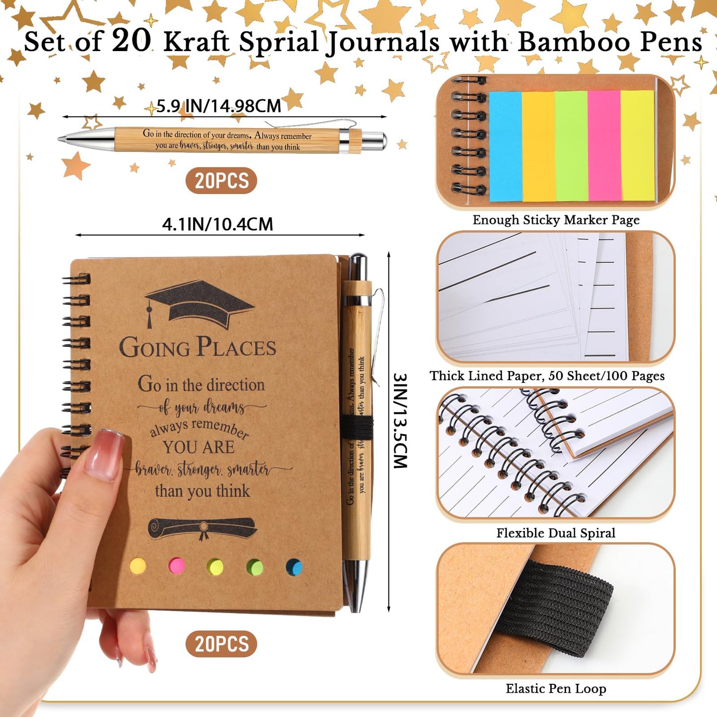 Dinifee 20 Set Graduation Gift Bulk 2026 Inspirational Spiral Kraft Notebook with Sticky Note Bamboo Ballpoint Pen Notepad for Graduation Party Favors Teacher Graduate
