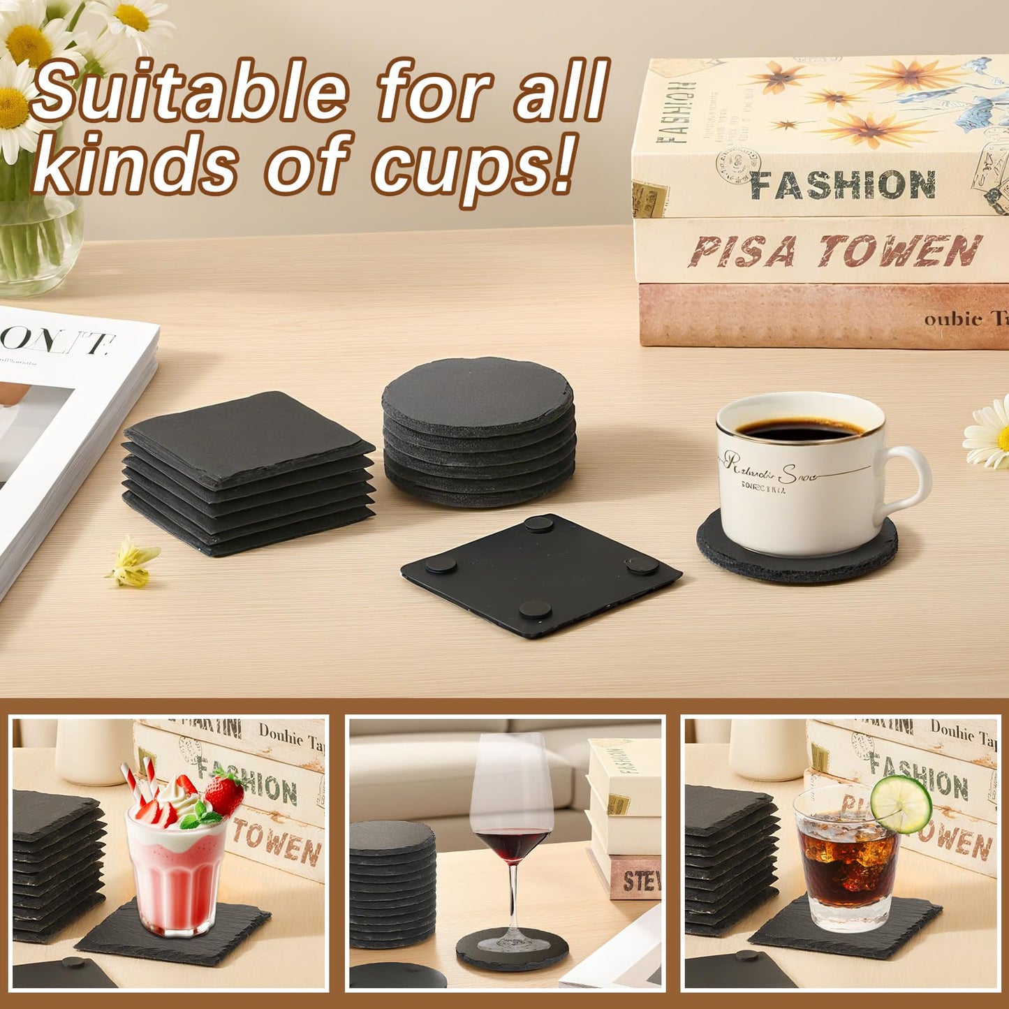 72pcs Slate Coasters Black 4 Inch Bulk Blank Rock Coasters Blank Laser Engraving, Hand Painted DIY, Scratch Resistant Bottom (36*Square+36*Round)