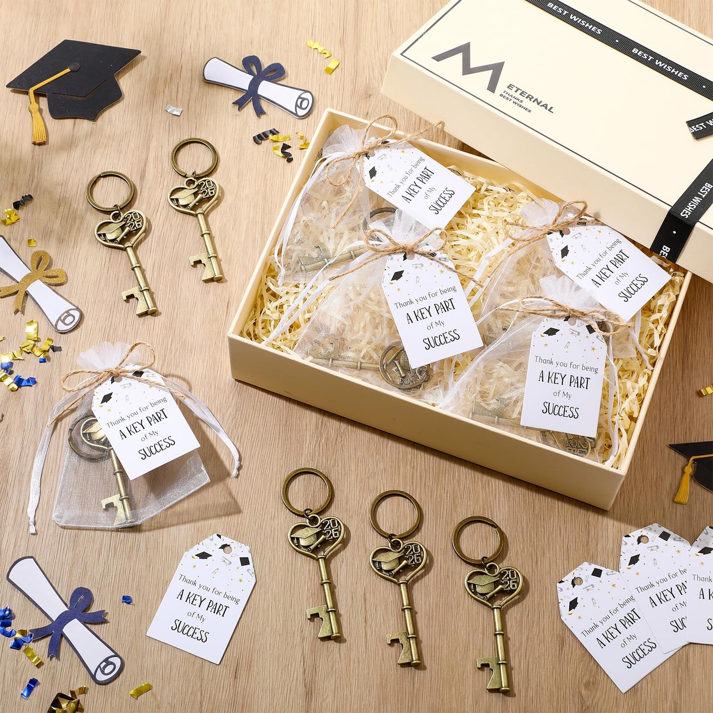 Misdary 25 Sets Graduation Party Favor for Guest 2026 Graduation Cap Bottle Opener Keychains with Thank You Card Organza Bags Class of 2026 College Celebration Party Supplies (Bronze)
