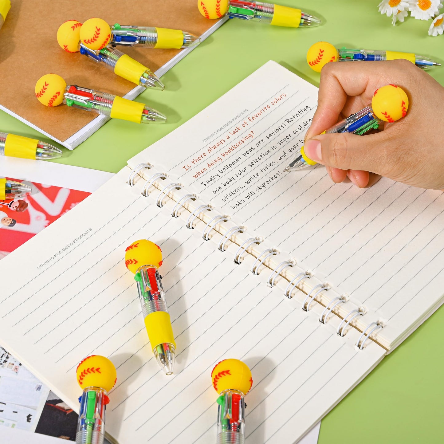 LiYiQ 100 Pcs Softball Party Favor Multicolor Pen in One Cartoon Cute Fun 4-in-1 Cute Pens Bulk Kawaii Softball Shape Cool Ballpoint Pens for Kids Fun Gifts