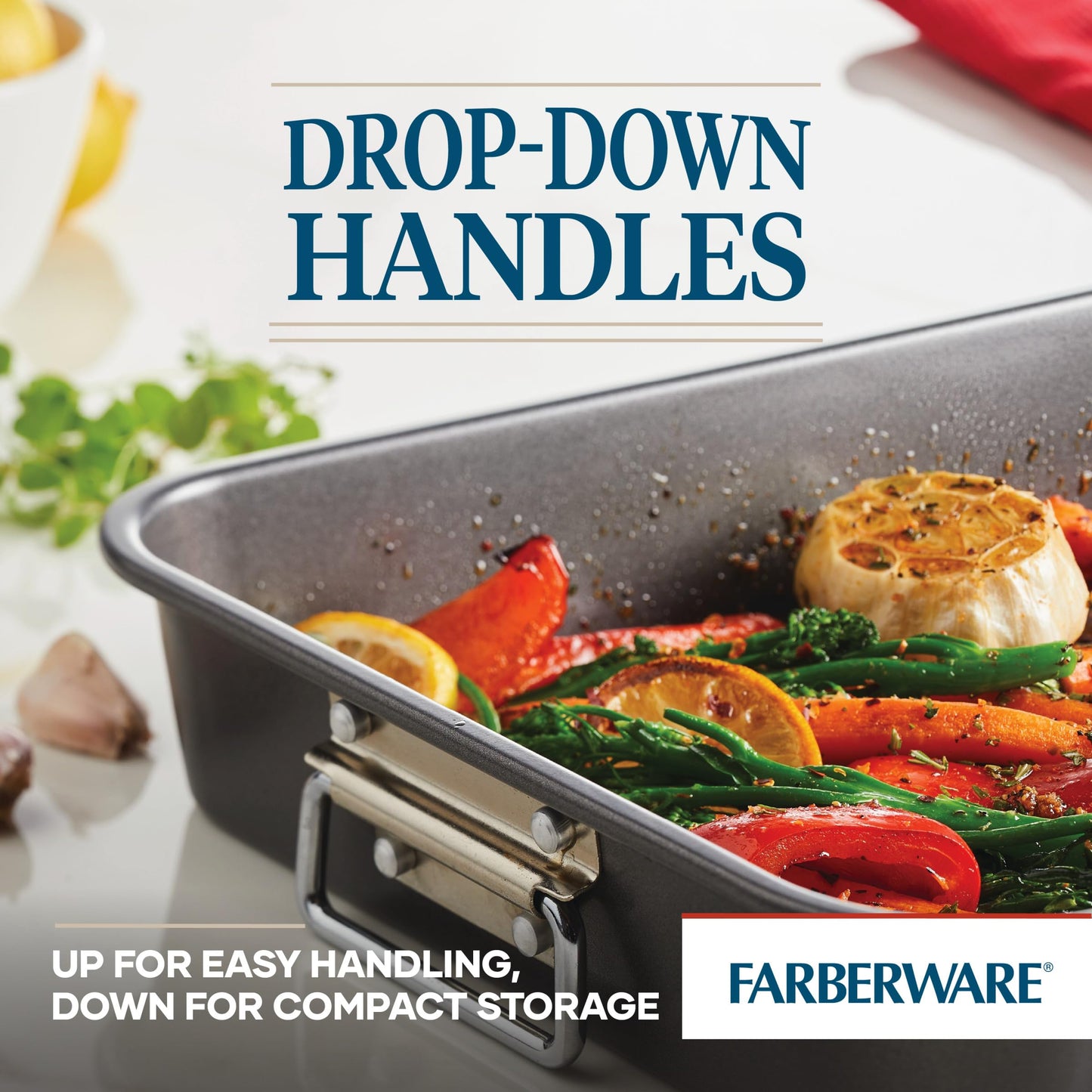 Farberware Bakeware Nonstick Roaster with Flat Rack, Roasting Pan with Rack For Home Cooking, 11-Inch x 15-Inch, Gray