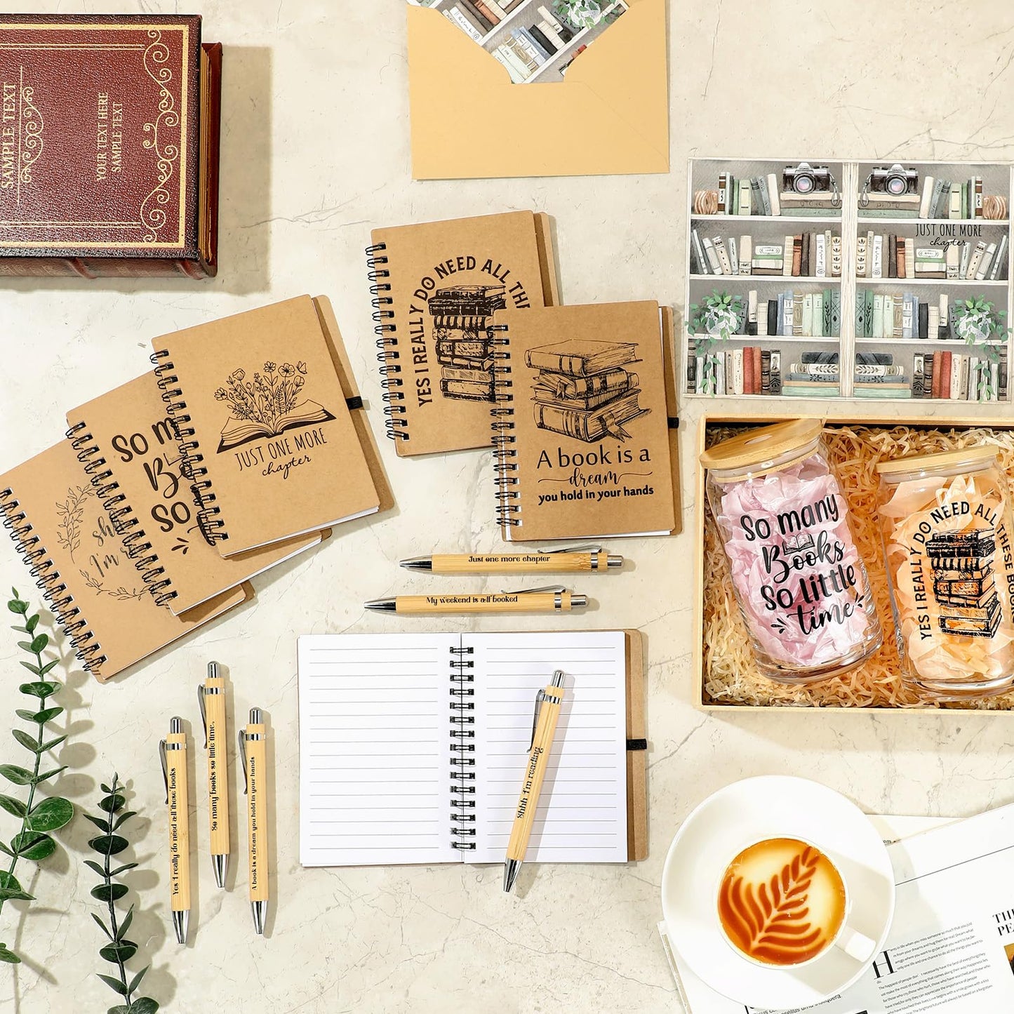AmazingSpark 6 Sets Book Lovers Gift Bulk Book Club 16 oz Glass Cup Spiral Journal Notebook Bamboo Pen Card Envelope for Bookish Reader Teacher Student Librarian Graduation Appreciation Gift (Classic)
