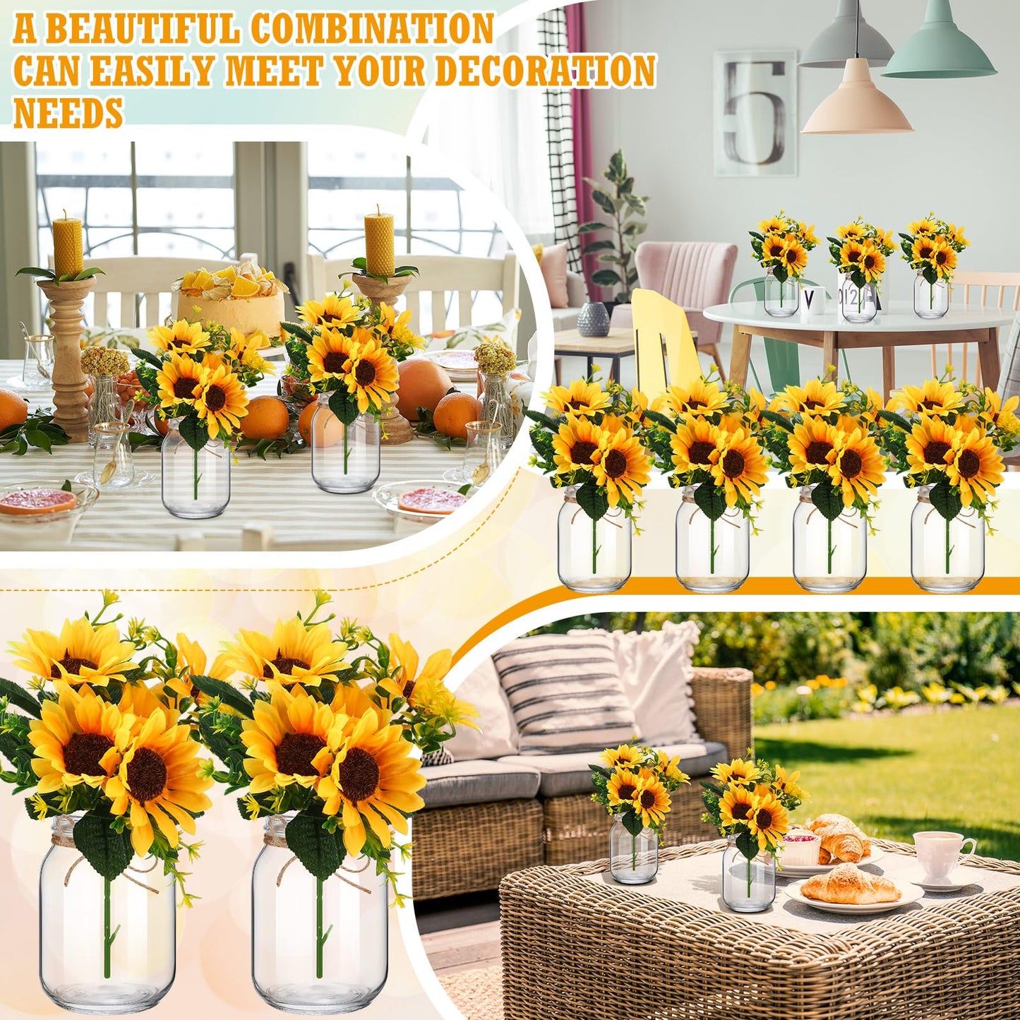 XunYee 10 Set Mason Jar Table Centerpiece with Flower Mason Jar Flower Centerpiece Vases Decor for Engagement Party Bridal Shower Wedding Reception Table Decor(Orange,Sunflower)