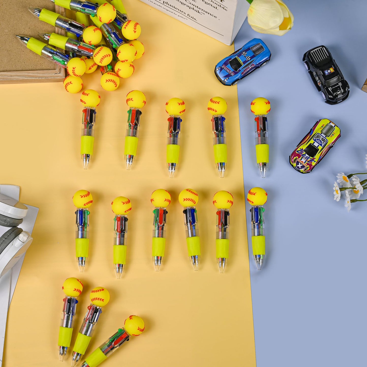 LiYiQ 100 Pcs Softball Party Favor Multicolor Pen in One Cartoon Cute Fun 4-in-1 Cute Pens Bulk Kawaii Softball Shape Cool Ballpoint Pens for Kids Fun Gifts