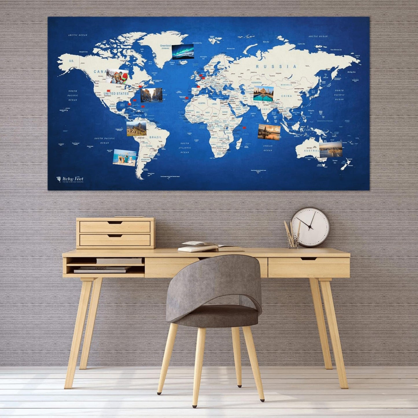 World Map XXL 51 x 28 inches in 'Error Blue', Fleece Wall Hanging as Travel Pin Board in Modern Wall Art Design, 20 Flag Push Pins Included