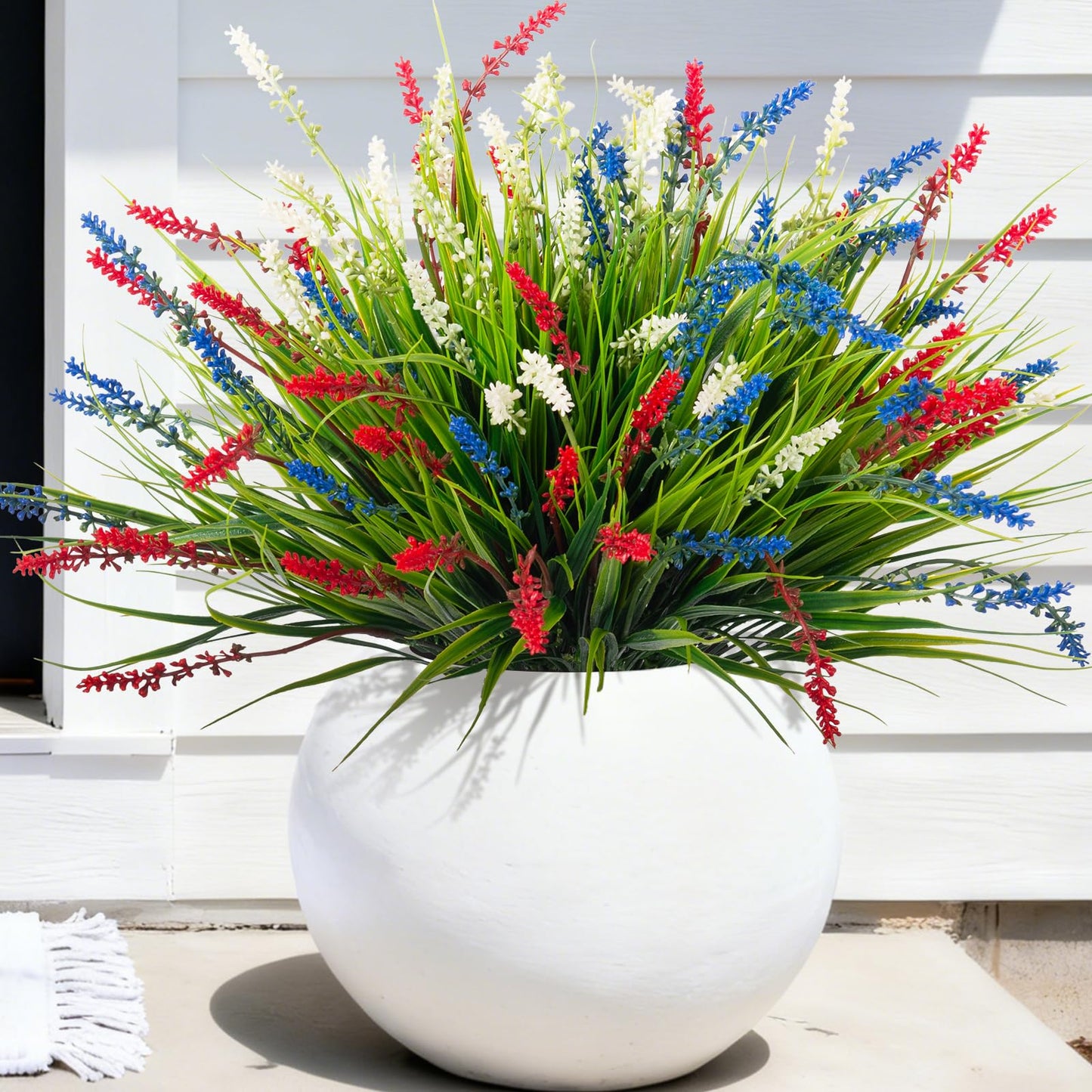 Ammyoo Artificial Faux Plants for Outdoor Spring Decoration, 12 Pcs Fake Monkey Grass for Garden Porch Balcony Planters, Fake Flowers Shrubs UV Resistant No Fade Plants Greenery Bush (Red Blue White)