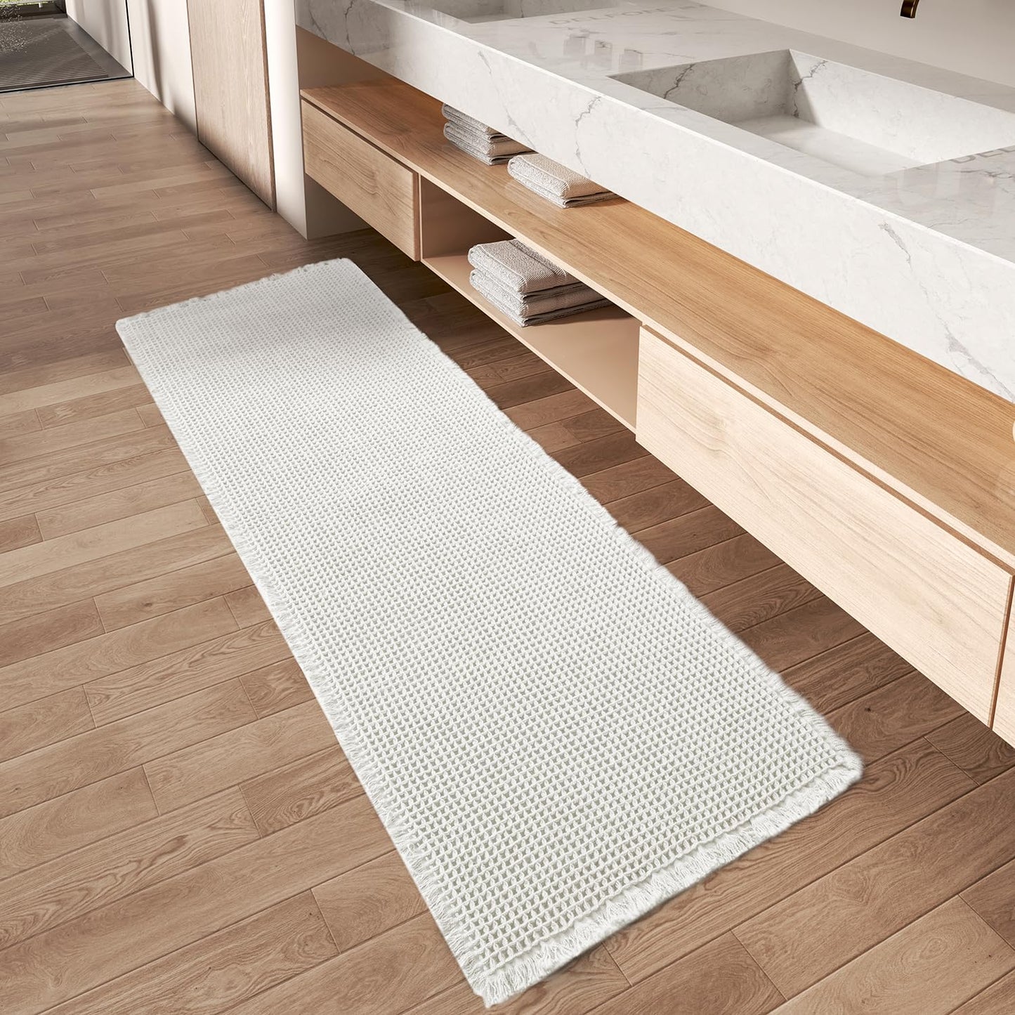 AMOAMI Upgraded Waffle Runner Rug Super Absorbent Non Slip Bath Mats for Bathroom Floor, Washable Boho Bathroom Runner Rug with Tassels, Ideal for Hallway Bedroom Laundry Room, 2' x 6', White