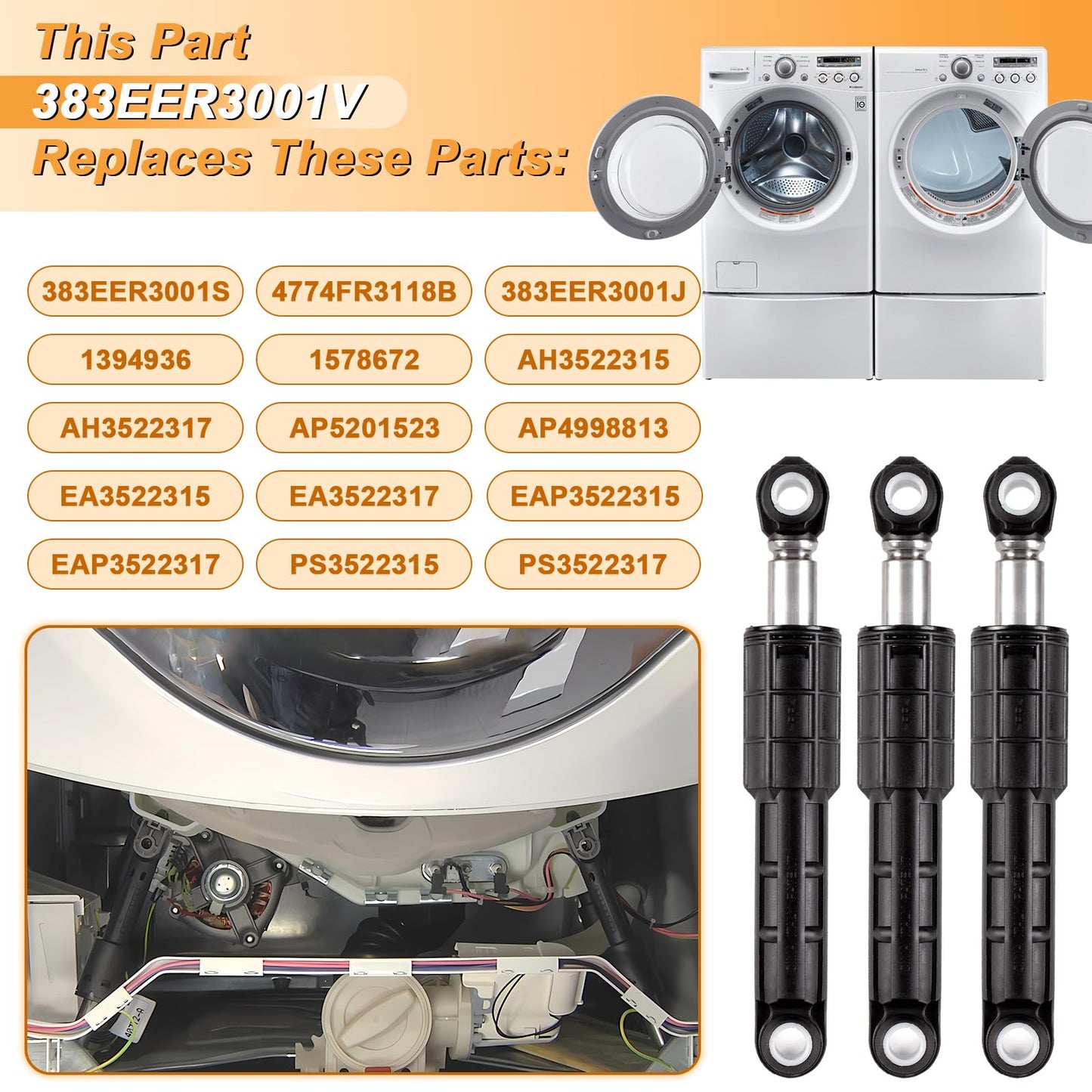Upgraded 383EER3001S 383EER3001V Washing Machine Shock Absorber for LG Kenmore/Sears Washers, Replaces AP4998813 PS3522315 PS3522317-3-Pack - 1 Year Warranty