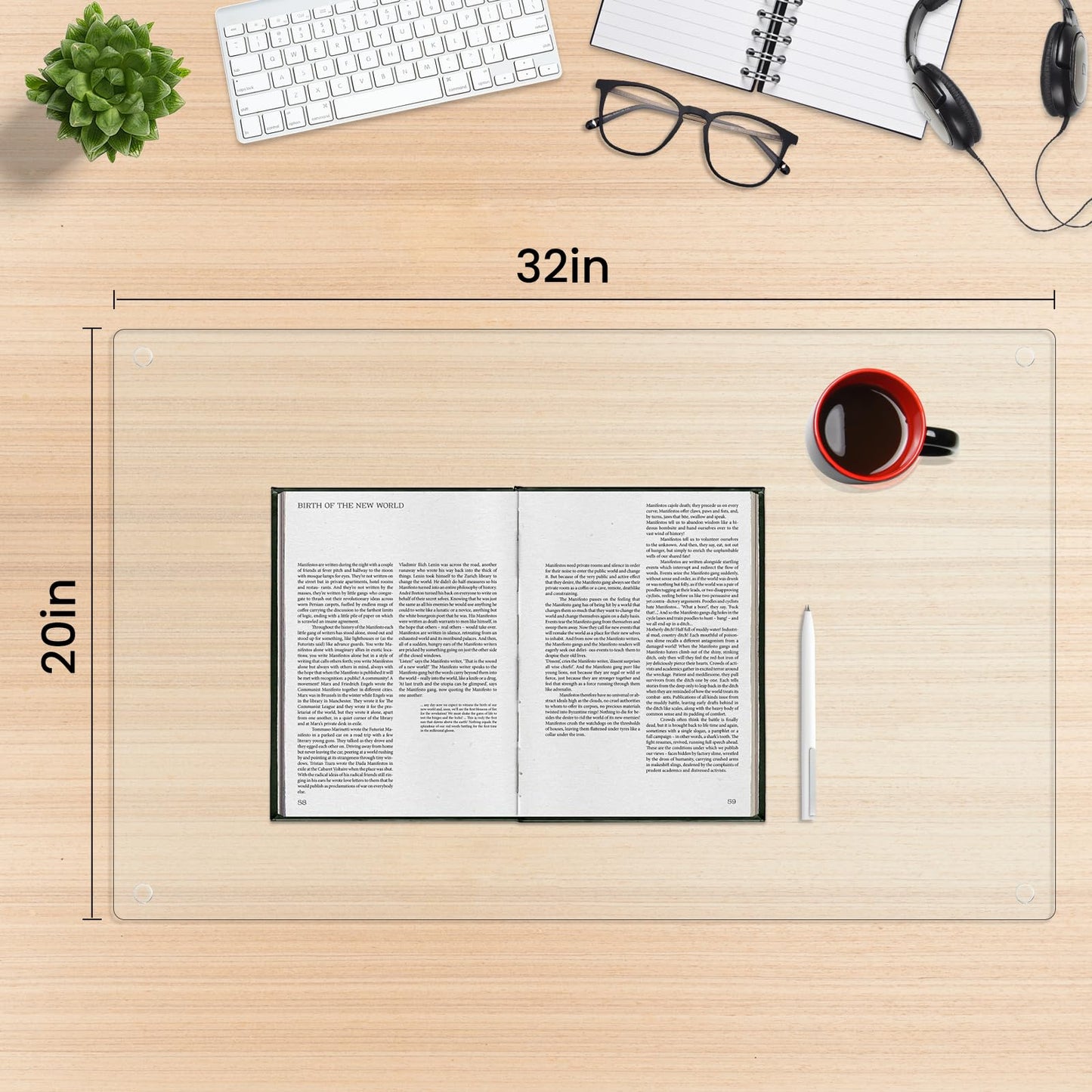 Hifogang Tempered Glass Desk Pad to Protect Desk,Clear Office Desk Pad for Keyboard and Computer Monitor,Glass Desk Mat for Desktop Dry Erase,20 x 32 inch