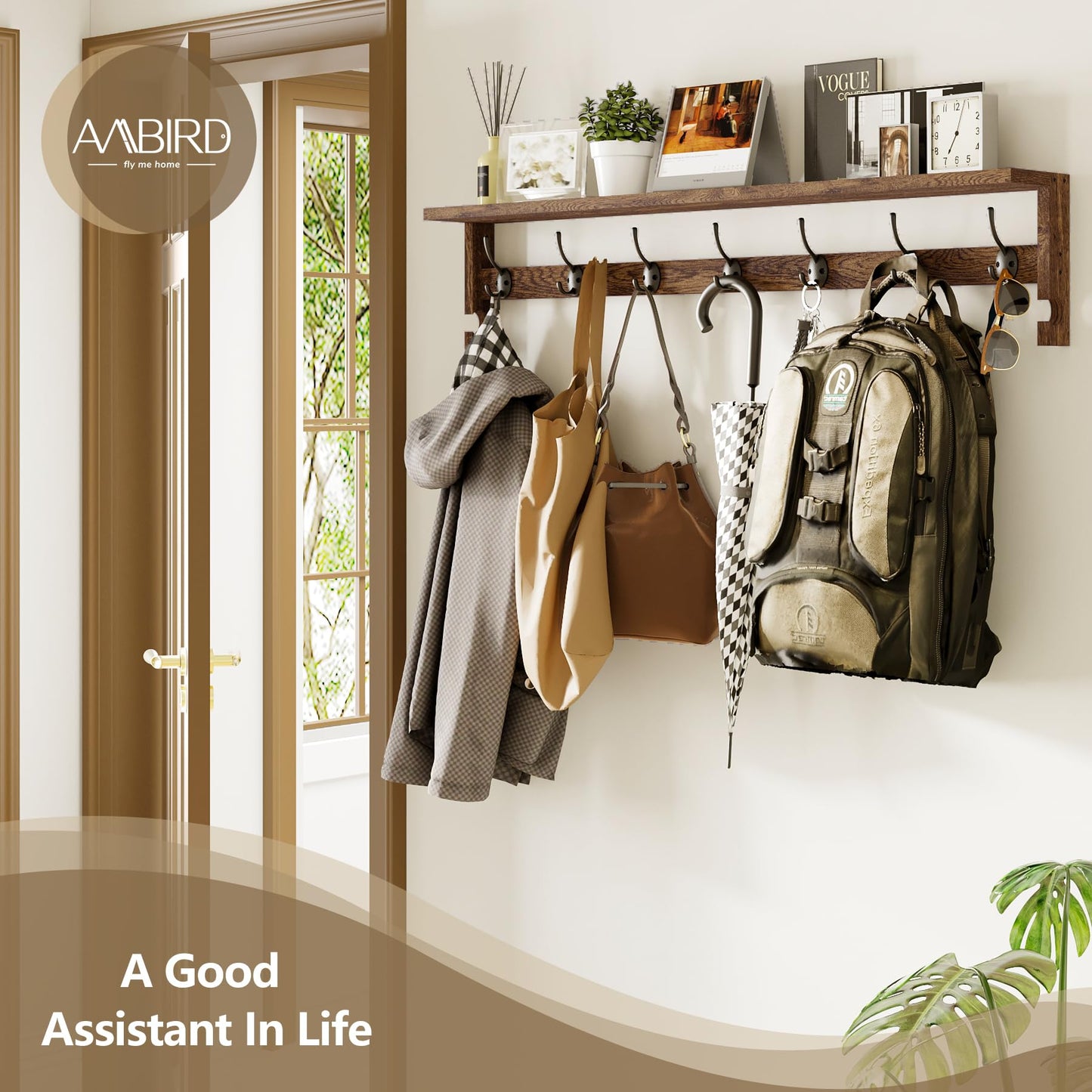 AMBIRD Coat Rack Wall Mount, 35 Inch Extra Long Wall Hooks with Hanging, Wooden Shelf with 7 Metal Hooks 2 Side Hooks, Wall Key Holder with Shelf in Entryway, Kitchen, Bathroom, Living Room, Bedroom