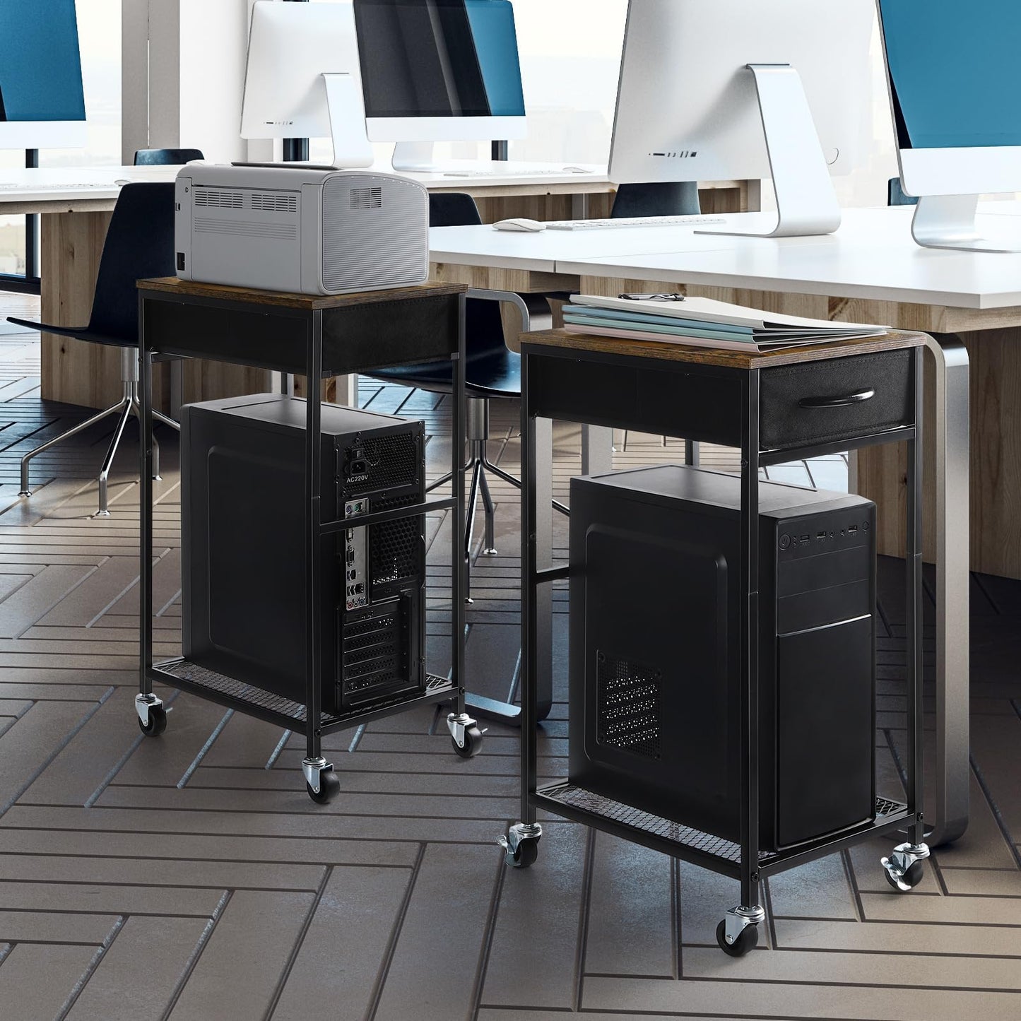 YBING Computer Tower Stand PC Tower Stand with Storage Drawer Mobile CPU Holder Stand with Caster Wheels 2 Tier Rolling Computer Tower Cart for Home Office Fax, Rustic Brown
