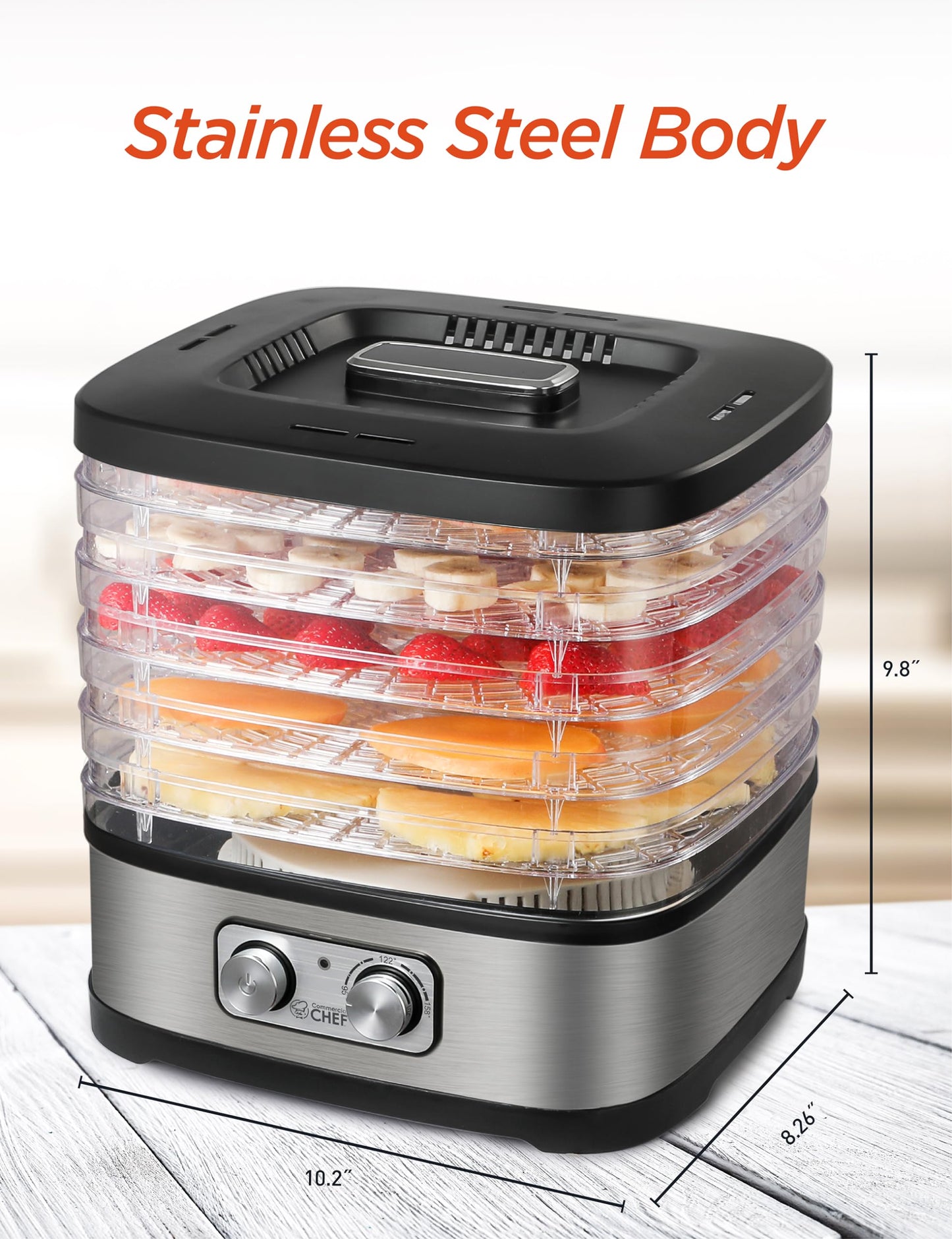 COMMERCIAL CHEF Food Dehydrator, 5 BPA-Free 10” x 9.25” Adjustable Height Trays, Stainless Dehydration Machine for Beef Jerky, Dehydrated Vegetables, Fruits and More, CHD200S, Black/Stainless Look