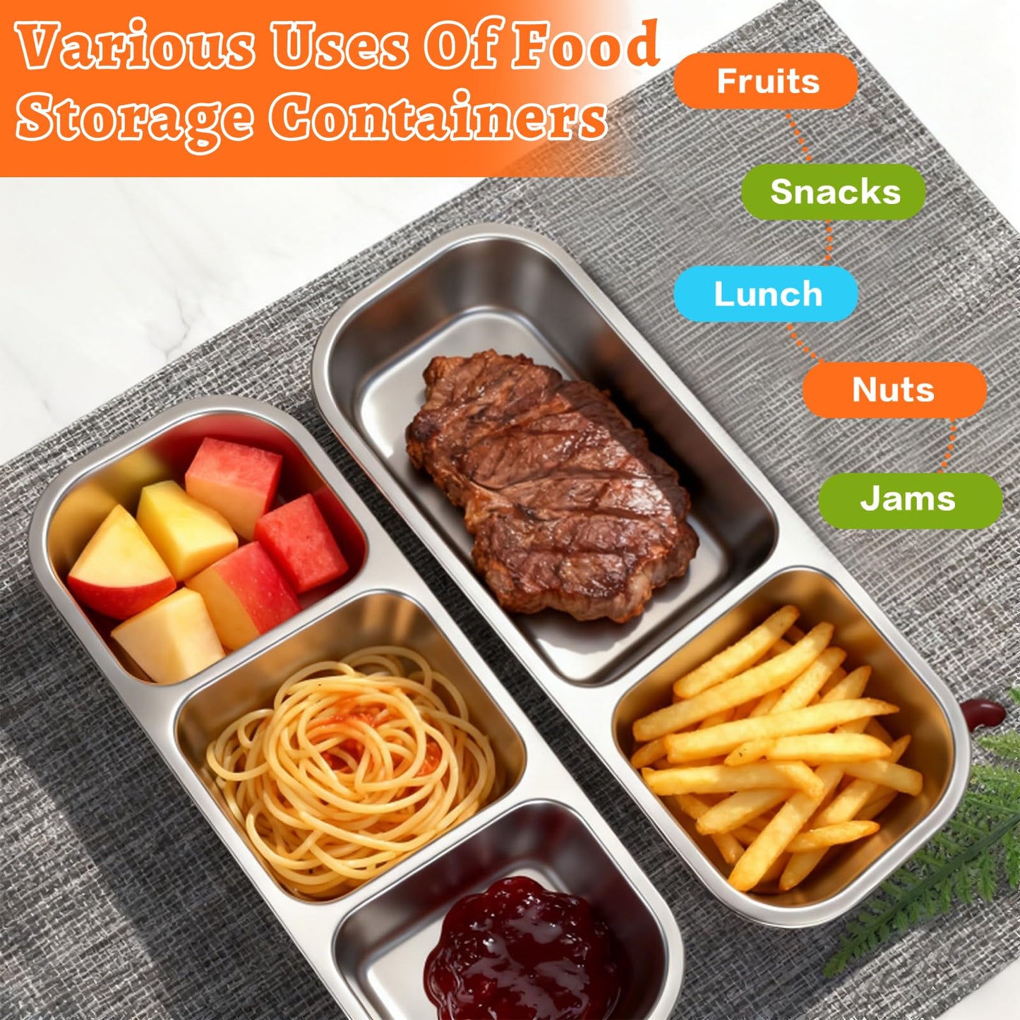 YJSLICT 4 Pack Stainless Steel Snack Containers with Lids, 3-Compartments Reusable Lunch Box for Adults, Food Storage Containers Divided Meal Prep Box for Home, Work, Travel
