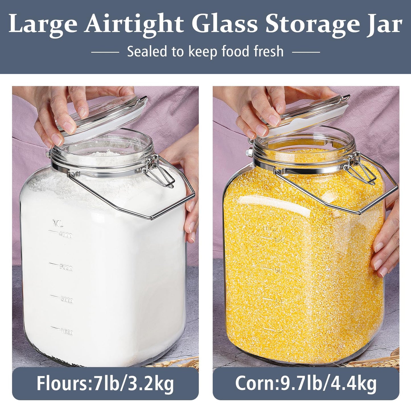 Folinstall 2 Pack 1.5 Gallon Glass Jar with Airtight Lid, 192 oz Square Wide Mouth Mason Jars with Stainless Steel Handle, Large Glass Storage Containers for Canning, Flour, Sugar, Rice, Pickled Eggs
