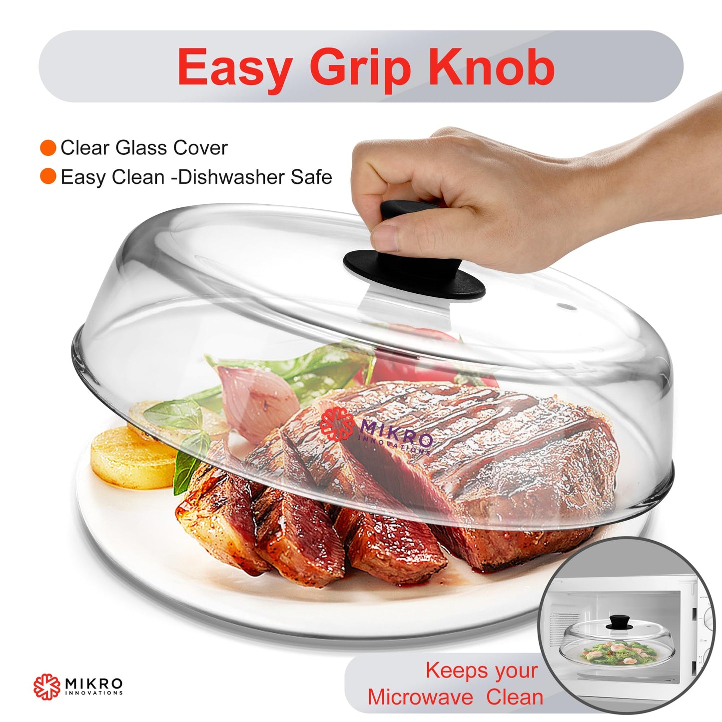 Mikro Innovations 10.5-Inch Glass Microwave Splatter Cover – Borosilicate Glass Food Plate Splatter Guard with Vent Hole, BPA-Free, Easy-Grip Silicone Knob, Dishwasher Safe (1, Black, 10.5in)