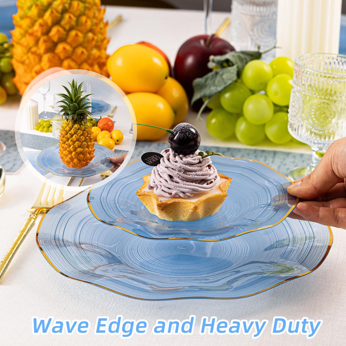 Pryntono 120PCS Blue Plastic Plates with Gold Rim, Heavy Duty Disposable Plates, Elegant and Fancy 60 Dinner and 60 Dessert Plates for Party and Wedding