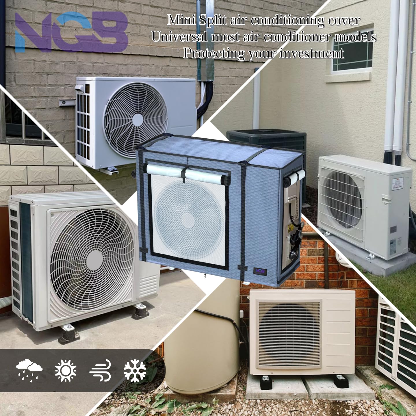 NGB Mini Split Cover for Air Conditioner Outdoor Units with 600D Waterproof Material, UV, Dust, Wind and Snow Resistant, Maximum Size 32.3Lx13.7Wx24H in, Can be Used While Running, Grey.