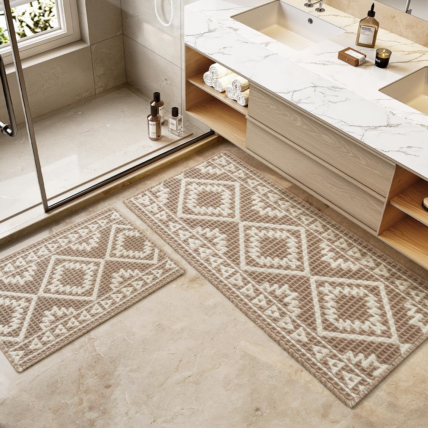 PADOOR-Waffle Bathroom Runner 24"x72", Super Absorbent Bath Mats for Bathroom, Machine Washable Non Slip Bath Rug with Tassels, Soft Bath Mat for Laundry Room, Bedroom, Brown & Cream, 2'x 6'