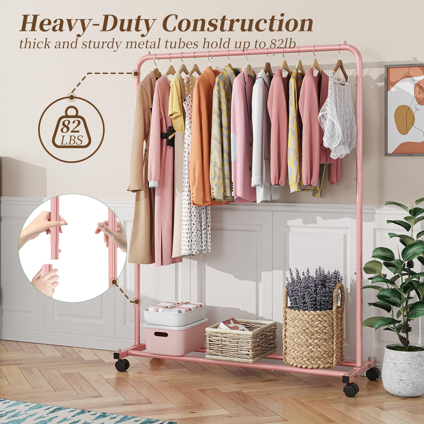 Simple Trending Standard Clothes Clothing Garment Rack with Storage Shelves, Rolling Clothes Organizer on Wheels for Hanging Clothes, Pink