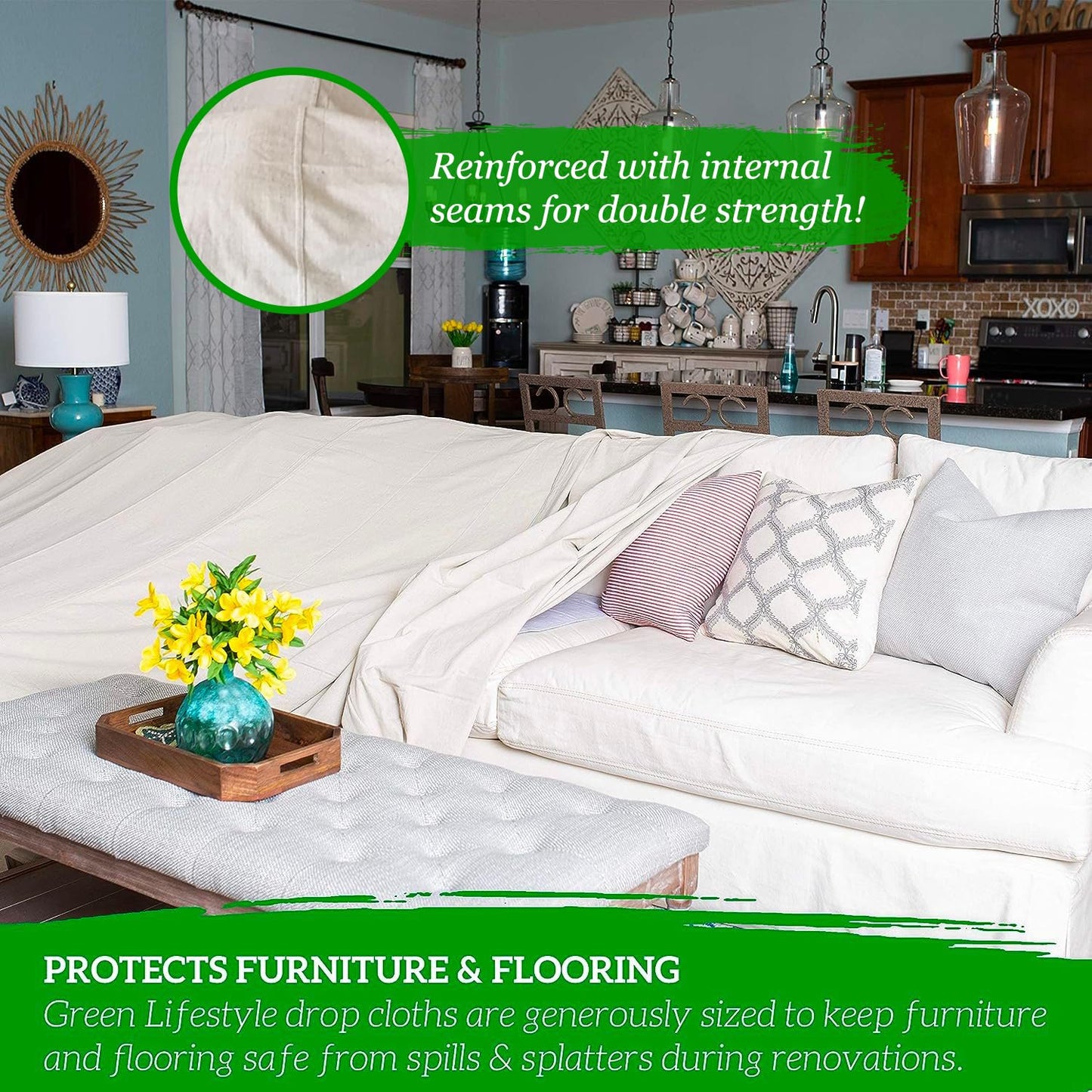 GREEN LIFESTYLE All Purpose Canvas Drop Cloths - Drop Cloth for Painting, Floor Cover, Heavy Duty Protection for Furniture & Surfaces, Reusable Painters Canvas Tarp for Renovation & Home (12x15)