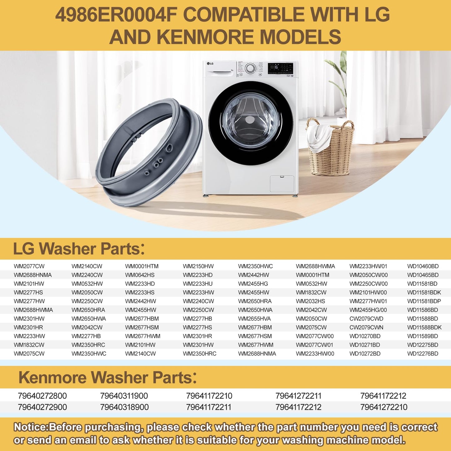 Upgraded 4986ER0004F No.13 4986ER0004J Washer Door Gasket Seal Replacement Compatible with LG, Kenmore Front Load Washer Door Seal WM2355CS WM2050CW WM2101HW WM2301HR Washer Door Boot
