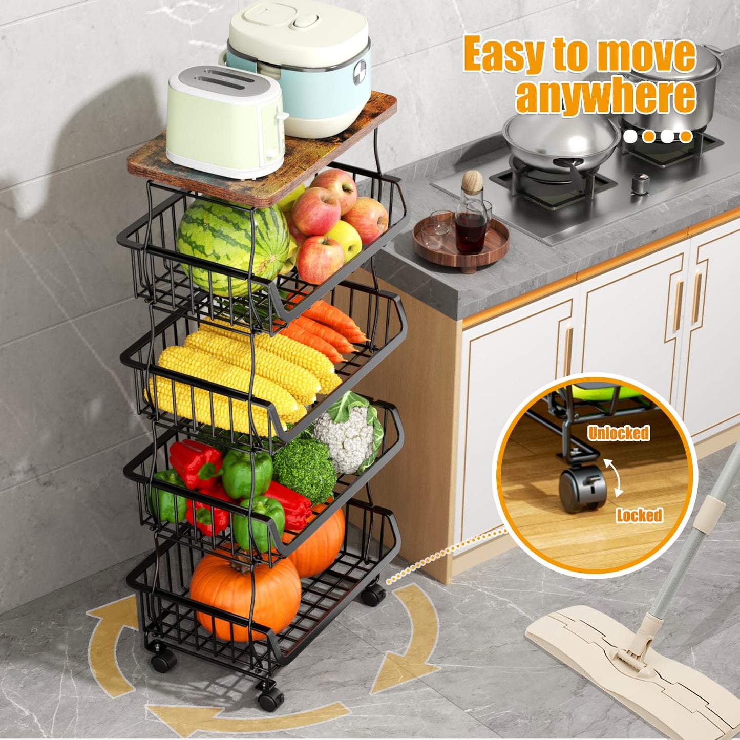 Gsiekare Fruit Vegetable Basket for Kitchen, 5 Tier Stackable Fruit Vegetable Storage Baskets with Wheels, Metal Wire Storage Basket Organizer Baskets for Kitchen, Pantry, Bathroom