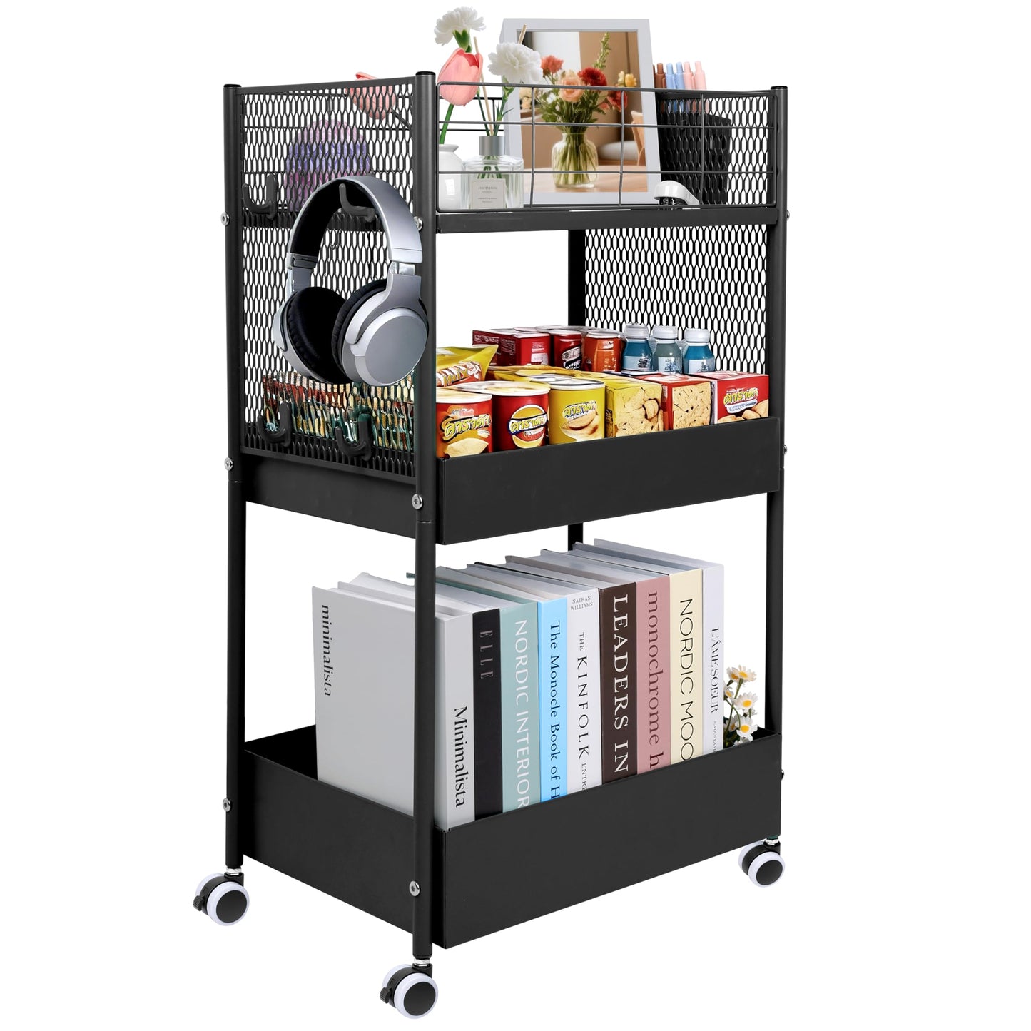 3-Tier Rolling Storage Cart Metal Utility Cart with Wheels, Office Organizer with Hanging Cups, Hooks, Book Snack Craft Mobile Shelving Unit for Office Kitchen Nursery