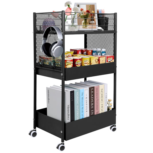 3-Tier Rolling Storage Cart Metal Utility Cart with Wheels, Office Organizer with Hanging Cups, Hooks, Book Snack Craft Mobile Shelving Unit for Office Kitchen Nursery