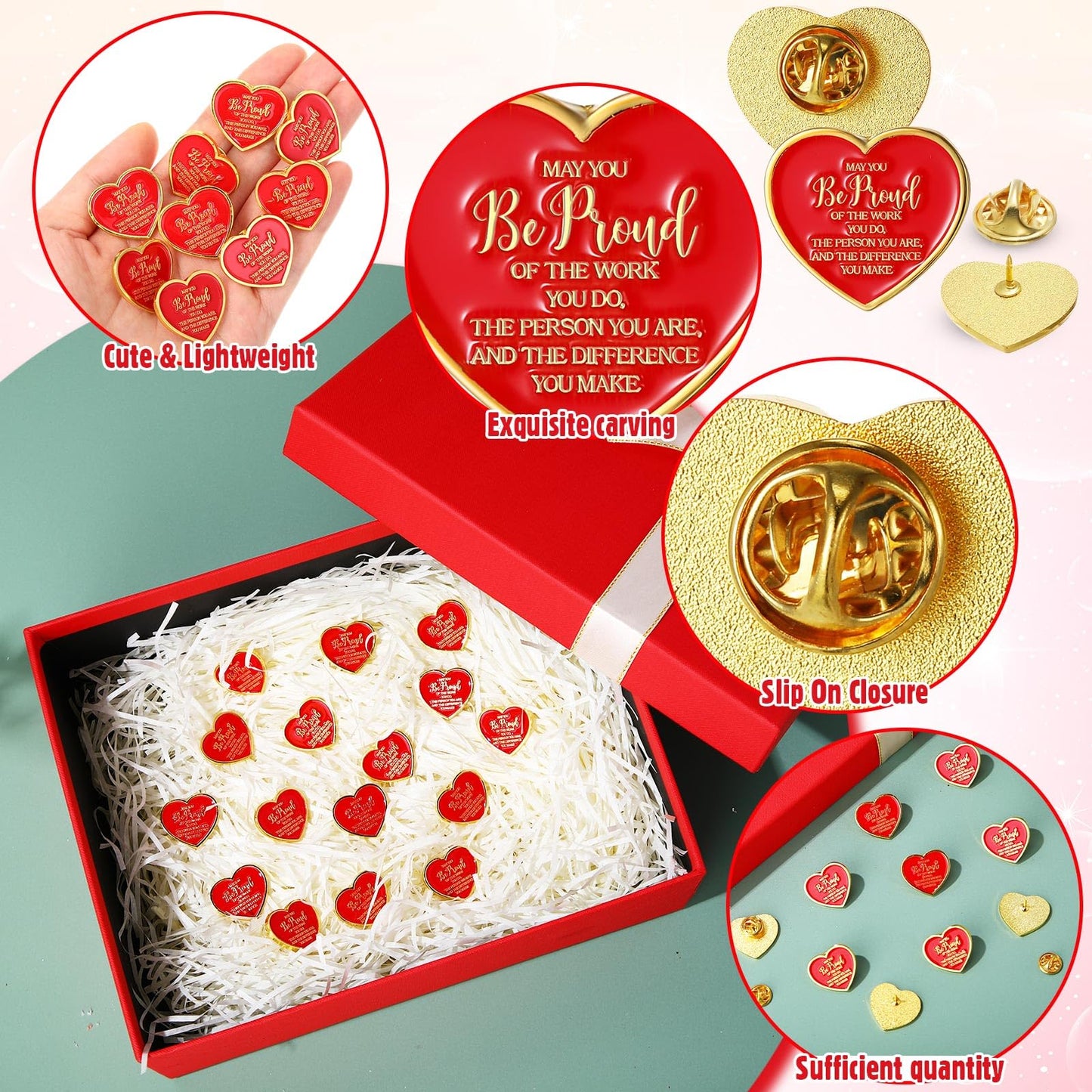 Tondiamo 100 Pcs Employee of The Month Lapel Pins Recognition Heart Pin Bulk Teacher Nurse Appreciation Award Gifts Performance Reward Gift for Staff Coworker Volunteer Team Retirement Valentine's Day