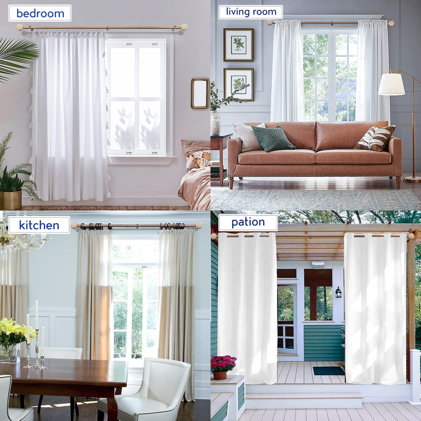 Wood Curtain Rods for Windows: 1 Inch Diameter Adjustable Drapery Rods 48" to 86", 2 Pack Heavy Duty Window Rod with Imitation Wood Grain Leaf Pattern Finials