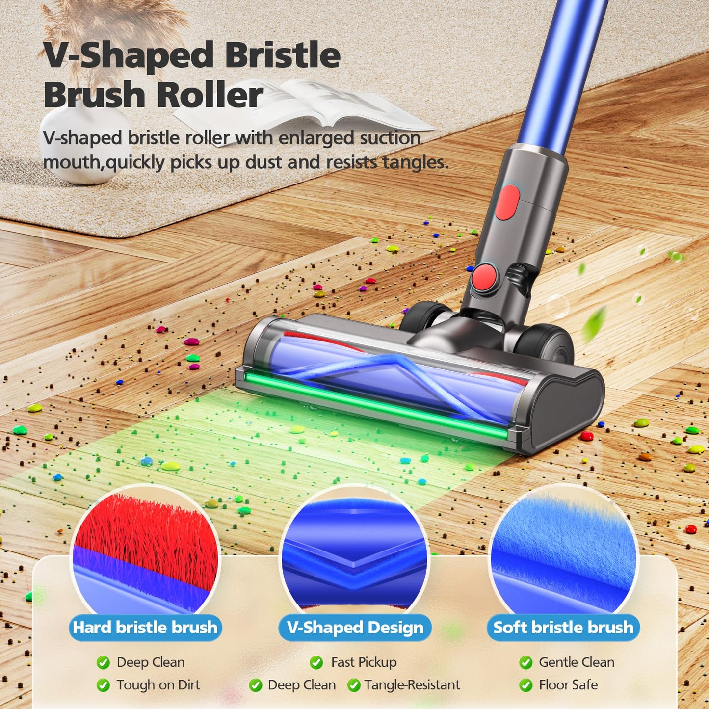 Vacuum Head Attachment Compatible with Dyson V7 V8 V10 V11 V15 Gen5 Cordless Vacuums, Upgraded with Full-Area LED Green Light, Quick-Release Design for Hard Floors and Low-Pile Carpets