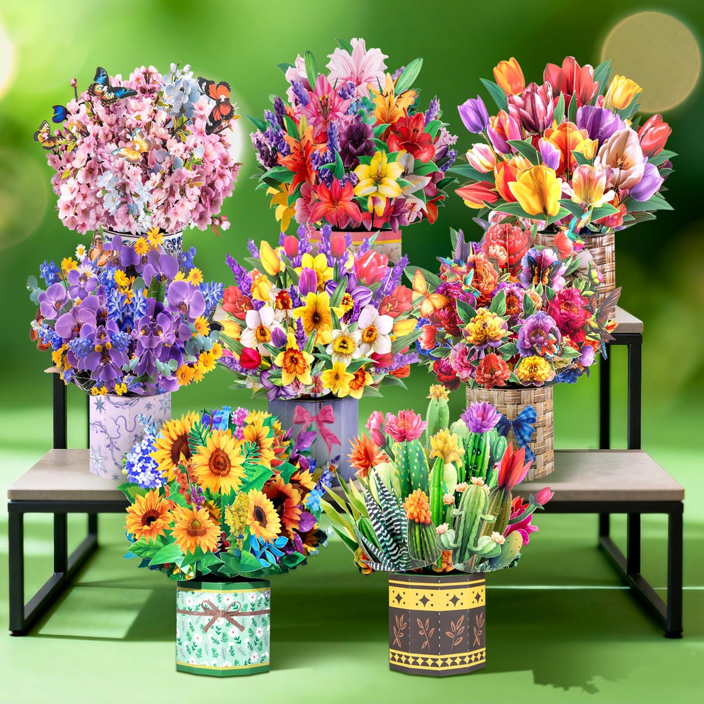 Magic Ants 8 Pack 3D Pop Up Flower Bouquet Cards Assortment – Beautiful Spring Floral Greeting Cards with Envelopes and Black Notes –for Birthday, Mother's Day, Thank You, Get Well