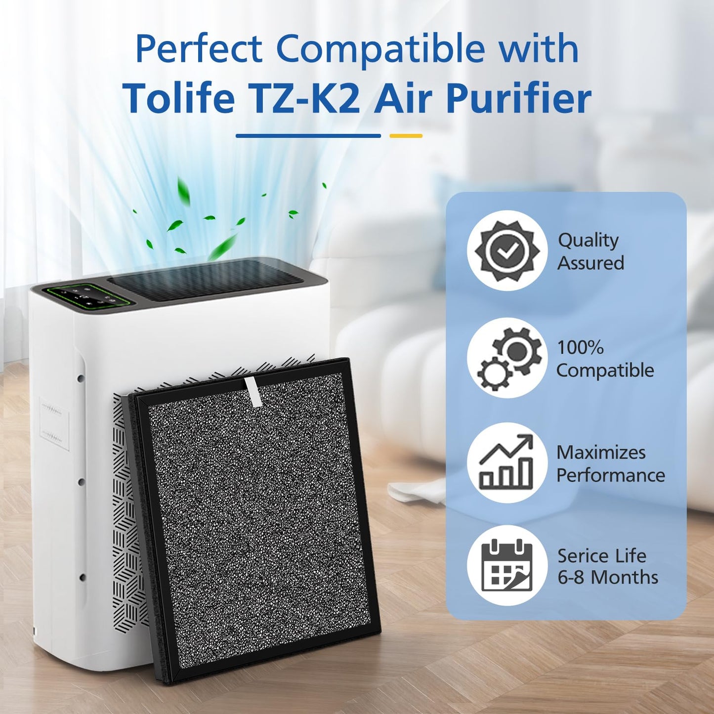 LINNIW TZ-K2 Replacement Filter Compatible with ToLife Air Purifier TZ-K2, 3-in-1 Filtration Systemwith Activated Carbon & Pre-filter, TZ-K2-A replacement filter, 2 Pack
