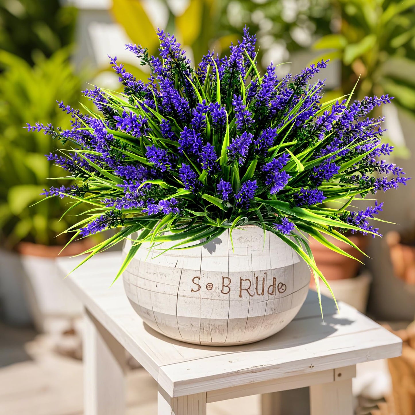 Geegoods Artificial Plants Flowers Outdoor – 48 Bundles UV Resistant Faux Lavender Flowers with Monkey Grass for Garden Porch Window Patio Hanging Planter Decor
