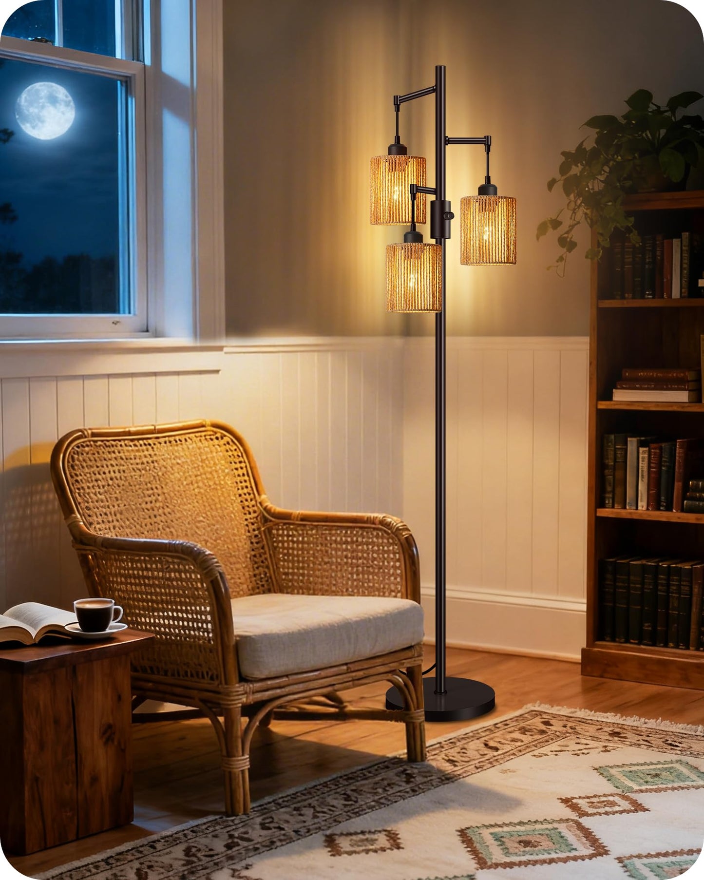 GOEBLESON Dimmable Floor Lamp, Farmhouse Tall Standing 70.3" Tree Lamp with 3 Rope Woven Lampshades, Boho Rattan Floor Lights, 4W 3 LED Bulbs Included, for Living Room, Bedroom, Study, Office AB03LD05