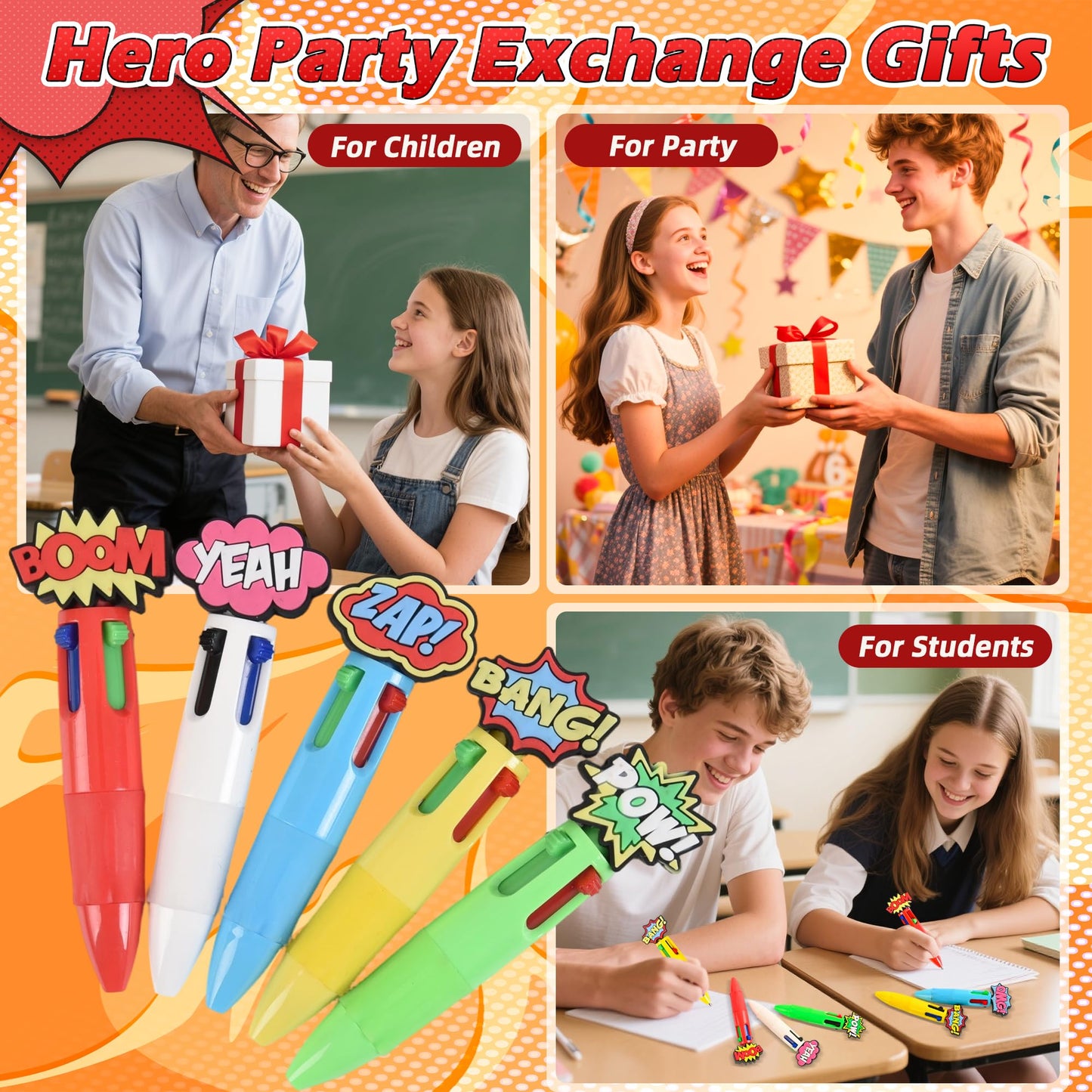 LiYiQ 100 Pcs Hero Theme Colorful Multicolor Pen in One Cute Cartoon Fun 4-in-1 Cute Pens Bulk Kawaii Hero Theme Boom Wow Pow Conversation Cool Ballpoint Pens for Fun Gifts