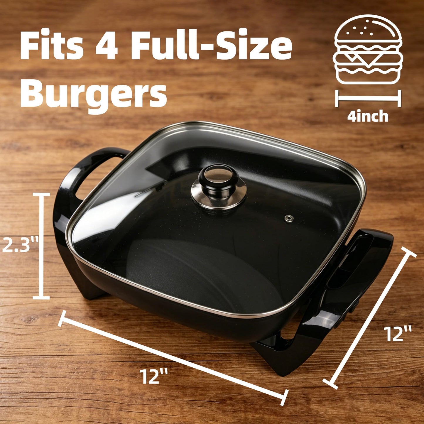 I-Keukenn 12" Ceramic Nonstick Electric Skillet with Tempered Vented Glass Lid, Scratch-Resistant Surface, Cool-Touch Handles, Removable Easy-to-Clean Design, 1200W, Sleek Black